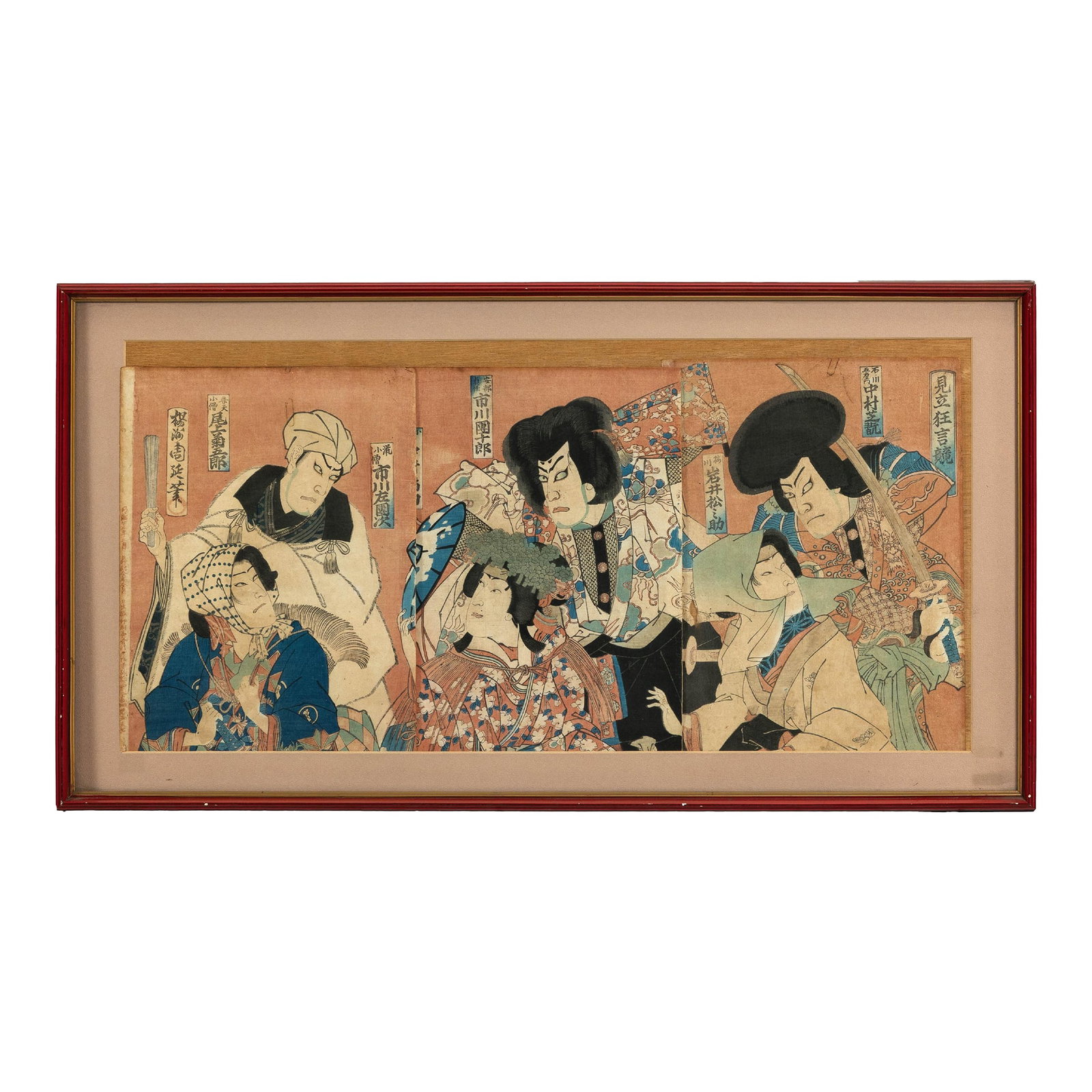 Framed Japanese Kabuki Triptych Print with Samurai and Courtesan Actors: A Japanese ukiyo-e triptych, this framed Kabuki theater woodblock print captures the energy and drama of Edo-period performance. The scene unfolds across three panels, each meticulously printed on