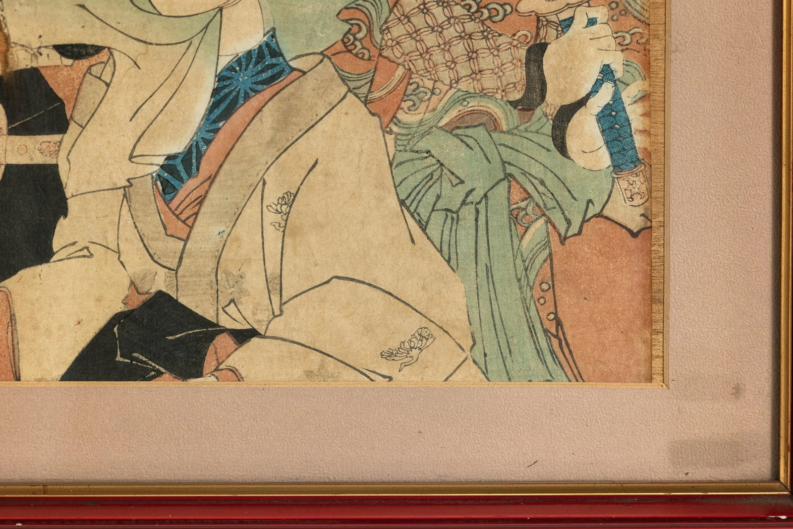 Framed Japanese Kabuki Triptych Print with Samurai and Courtesan Actors - 2