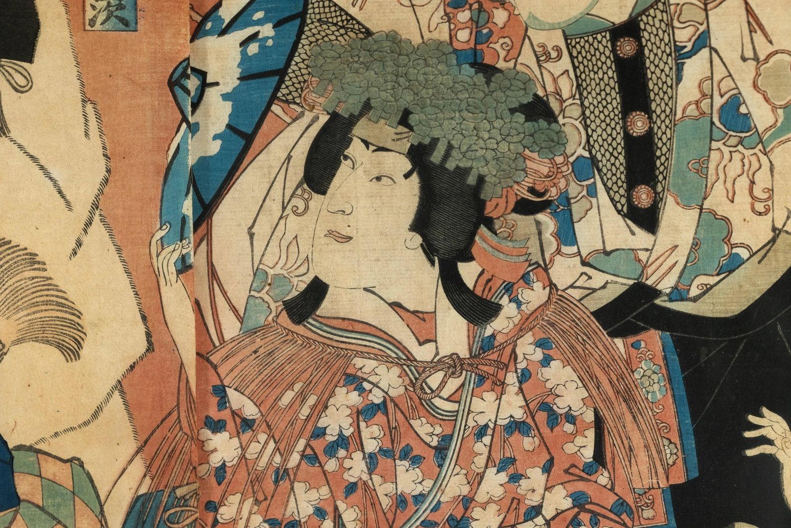 Framed Japanese Kabuki Triptych Print with Samurai and Courtesan Actors - 3
