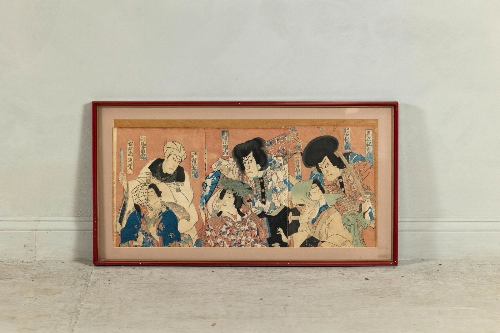 Framed Japanese Kabuki Triptych Print with Samurai and Courtesan Actors - 5