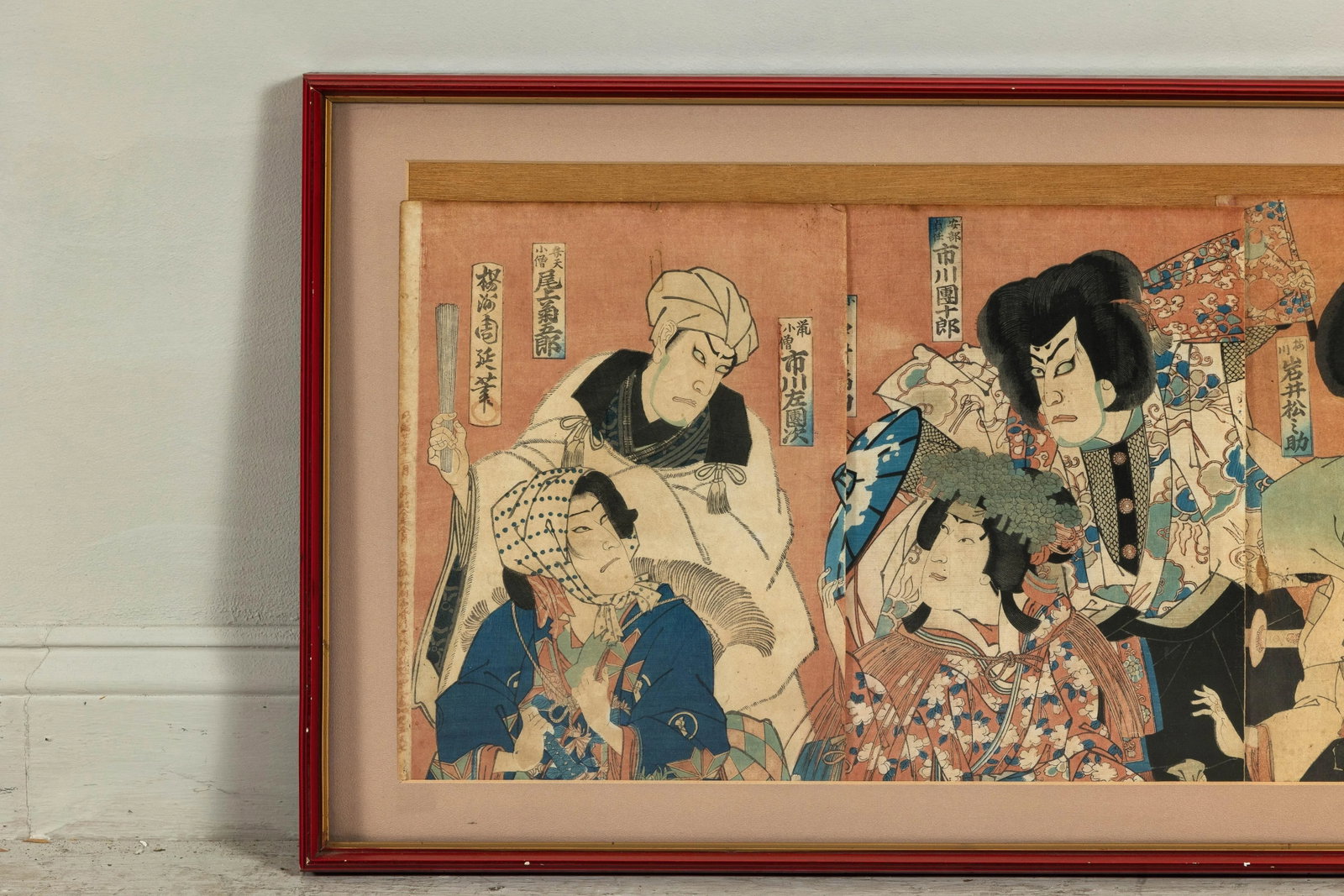 Framed Japanese Kabuki Triptych Print with Samurai and Courtesan Actors - 6