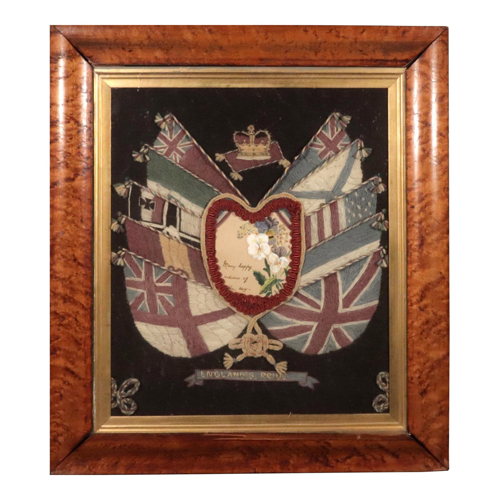 Sailor's Woolwork (Woolie) With Heart Valentine and Flag Surround: A Heartfelt Salute: A Sailor's "Woolie" of Nations Sailor's Flag of Nations Woolwork with Heart Valentine and Flag Surround, "England's Pride" Circa 1880 This vibrant and distinctive piece is a prime