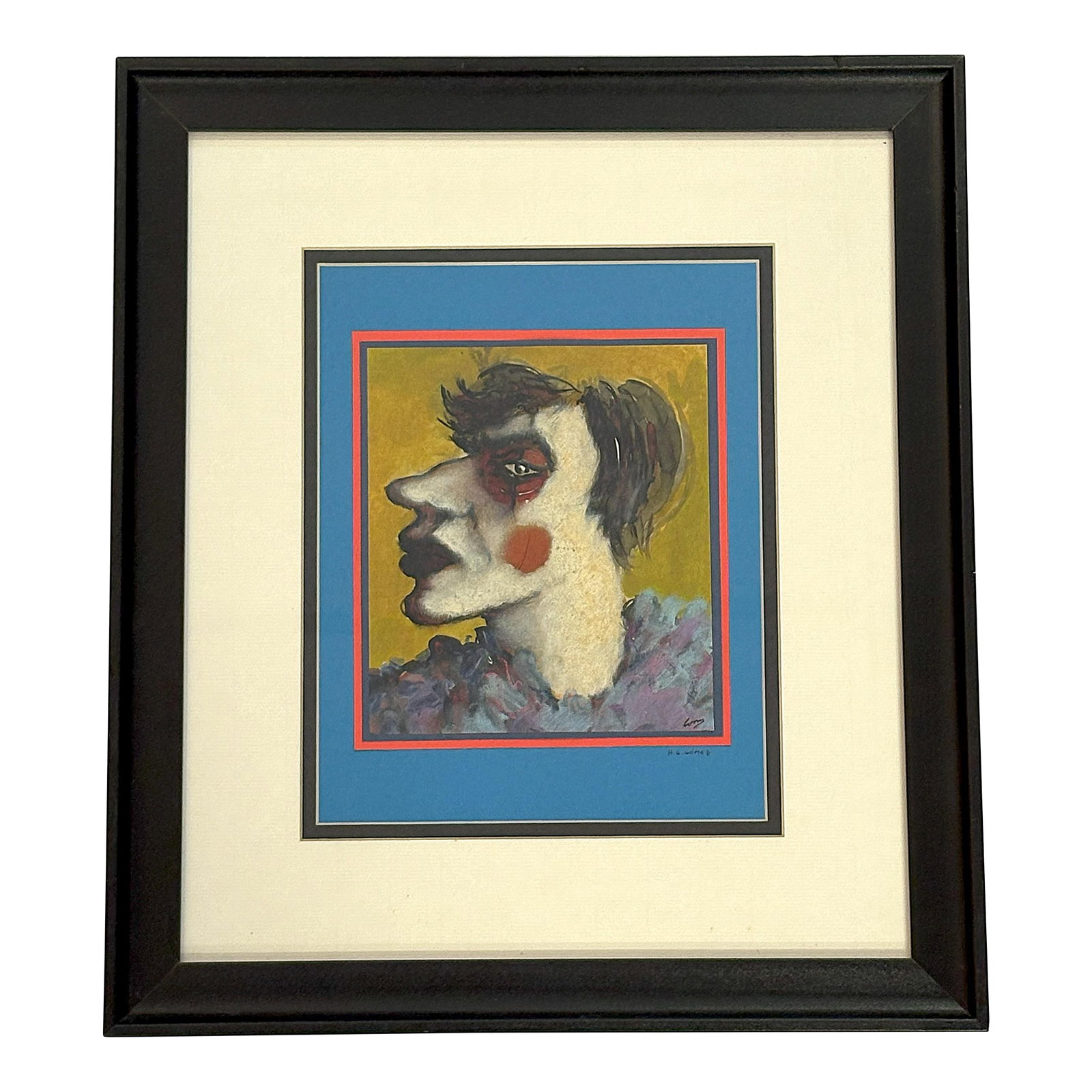 Original Signed Mixed Media Painting by Hector Gustavo Gomez (Mexico, 1954-Present) Circa 1979: Original signed mixed media painting on paper by Hector Gustavo Gomez (Mexico, 1954-Present) circa 1979. This piece is signed illegibly on the art and also signed on the blue matte 'H. G. Gomez.' It