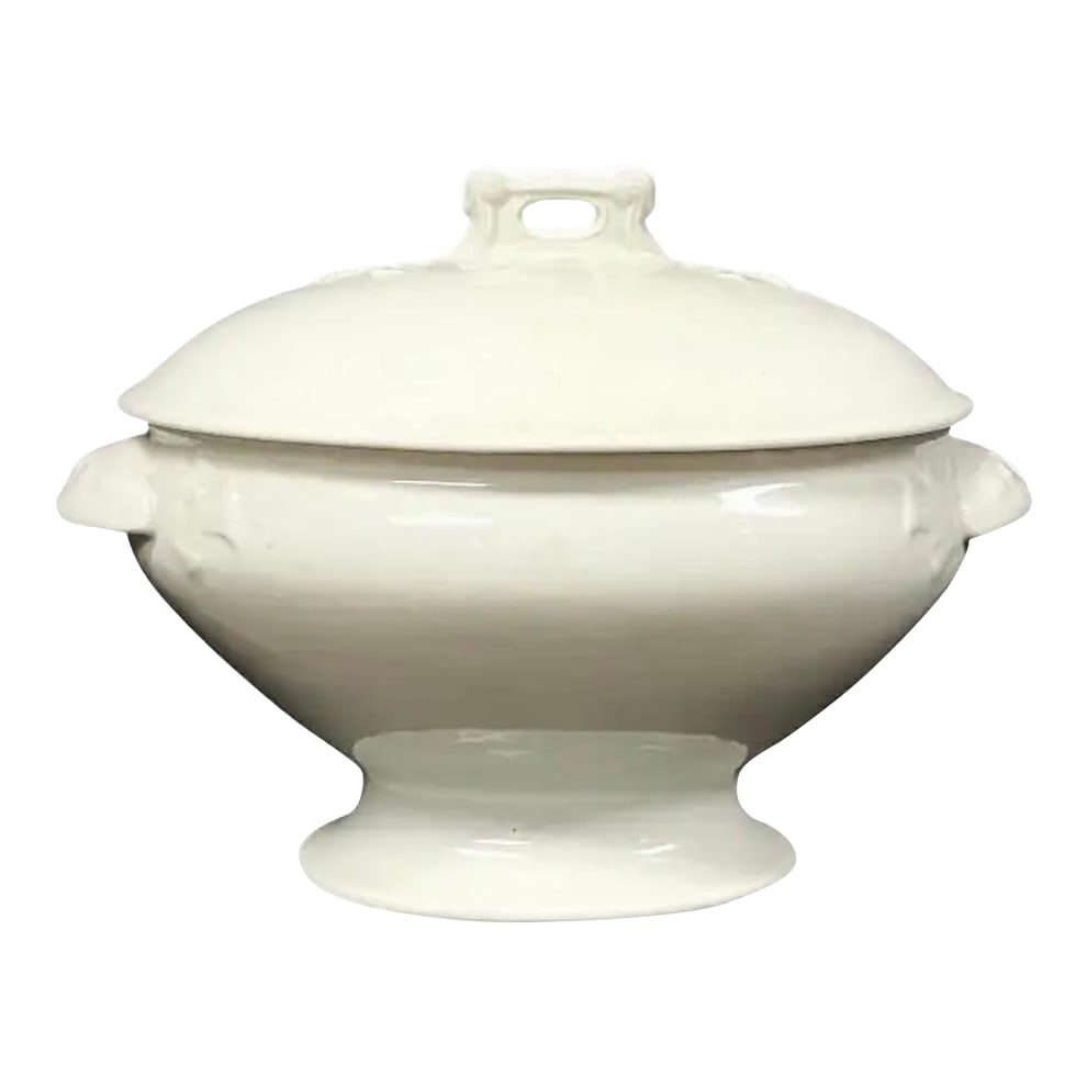White Ironstone Soup Tureen With Lid: Elegant 19th Century White Ironstone Soup Tureen with Lid. Tureen features a graceful pedestal base, delicately molded side handles, and a domed lid with molded scrolled top handle and ladle notch(lad