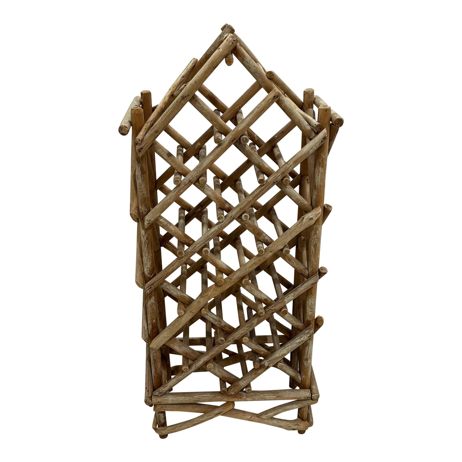 Vintage Coastal Drift Wood Wine Rack: Add coastal charm and functionality to your space with this unique freestanding corner wine rack. Crafted from natural drift logs in a charming lattice design, this piece evokes a cozy coastal or