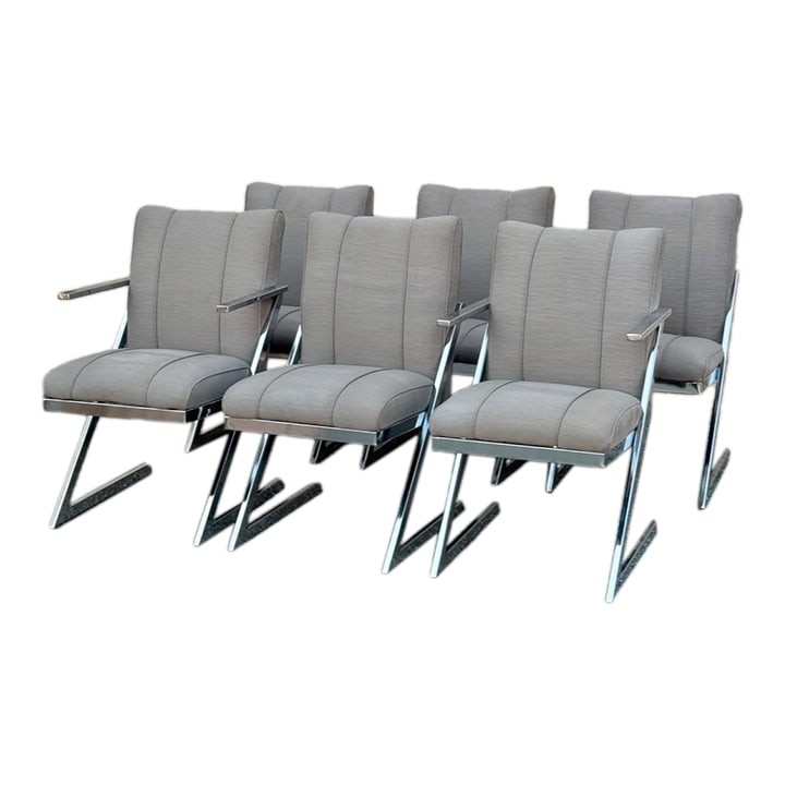 1980s Postmodern Upholstered Cantilever Chairs With Chrome Finish - Set of 6: Set of six 1980s postmodern cantilever chairs showcases iconic design with bold upholstered seats and backs. Two chair feature armrests. Condition: Alterations: Original Condition Unaltered