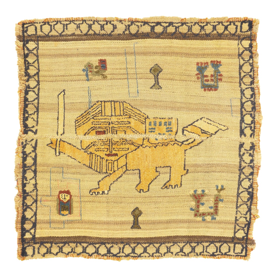 Antique Handwoven Gabbeh Palas Textile Art: This antique Gabbeh Palas rug, woven circa 1920, is a rare piece of Persian tribal art. It features a flat-woven wool base with a knotted pile animal motif, highlighting the craftsmanship of nomadic