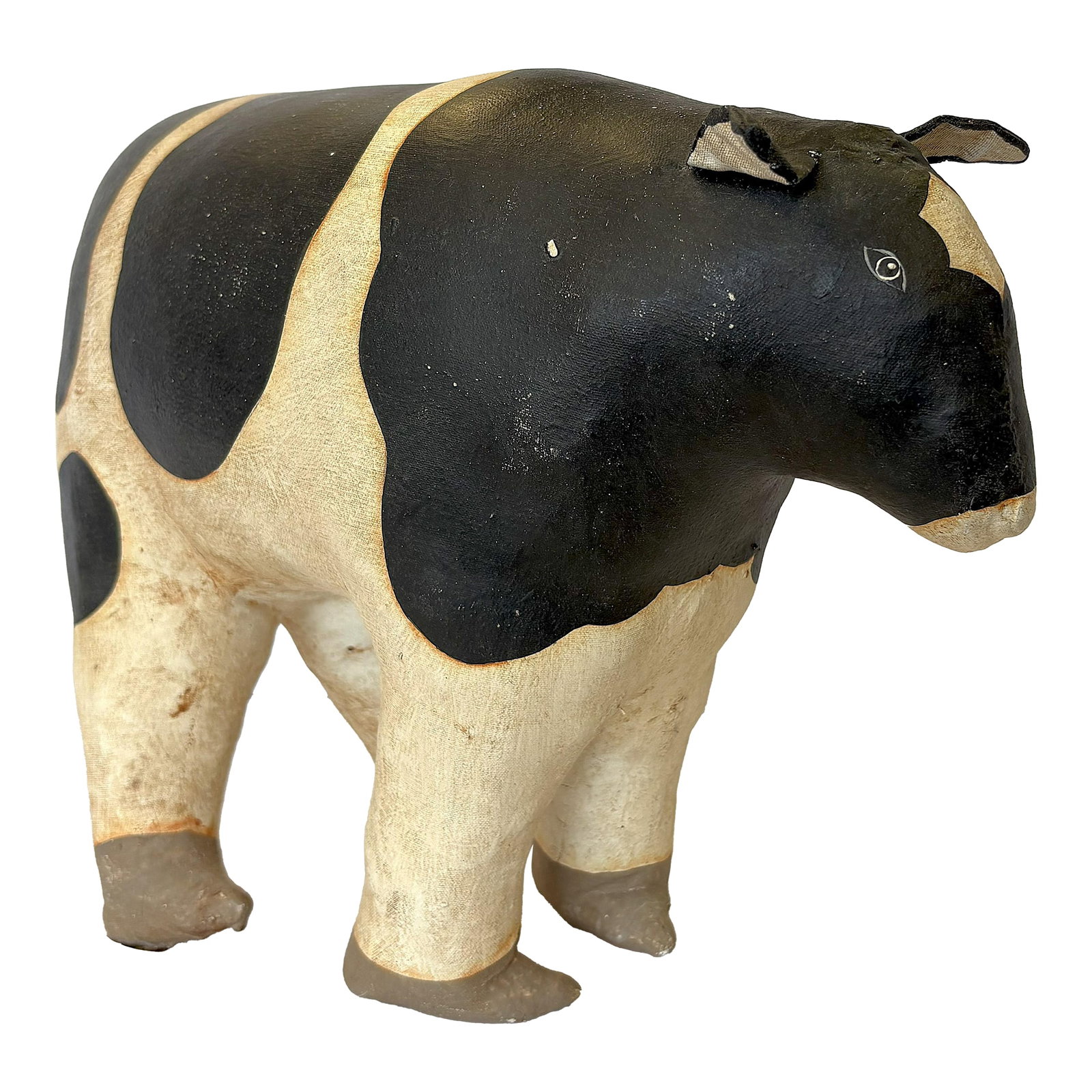 Vintage Artisan Crafted Folk Art Canvas Stuffed and Painted Cow Soft Sculpture: Sweet artisan crafted folk art style cow soft sculpture. She is made of canvas stuffed and sewn like a pillow, and painted with black and white spots. She is not numbere3d or signed. She'd be a great