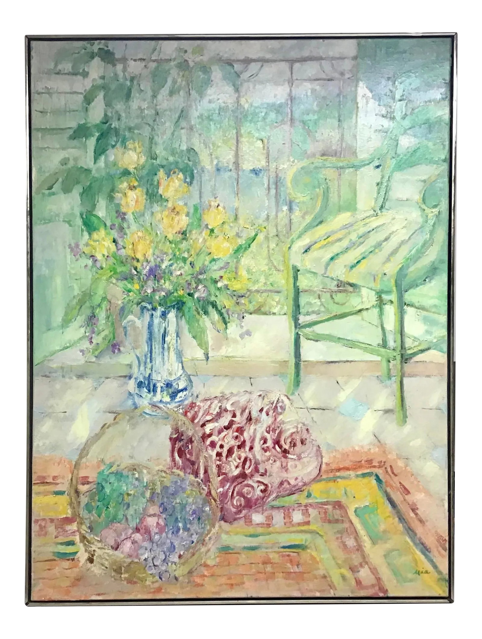 Large Original Oil on Canvas Still Life Signed Painting: Lovely large original oil on canvas still life painting of vase of flowers sitting on a table in front of a window next to a chair. Impressionist style with heavy impasto paint in colorful style. Hous