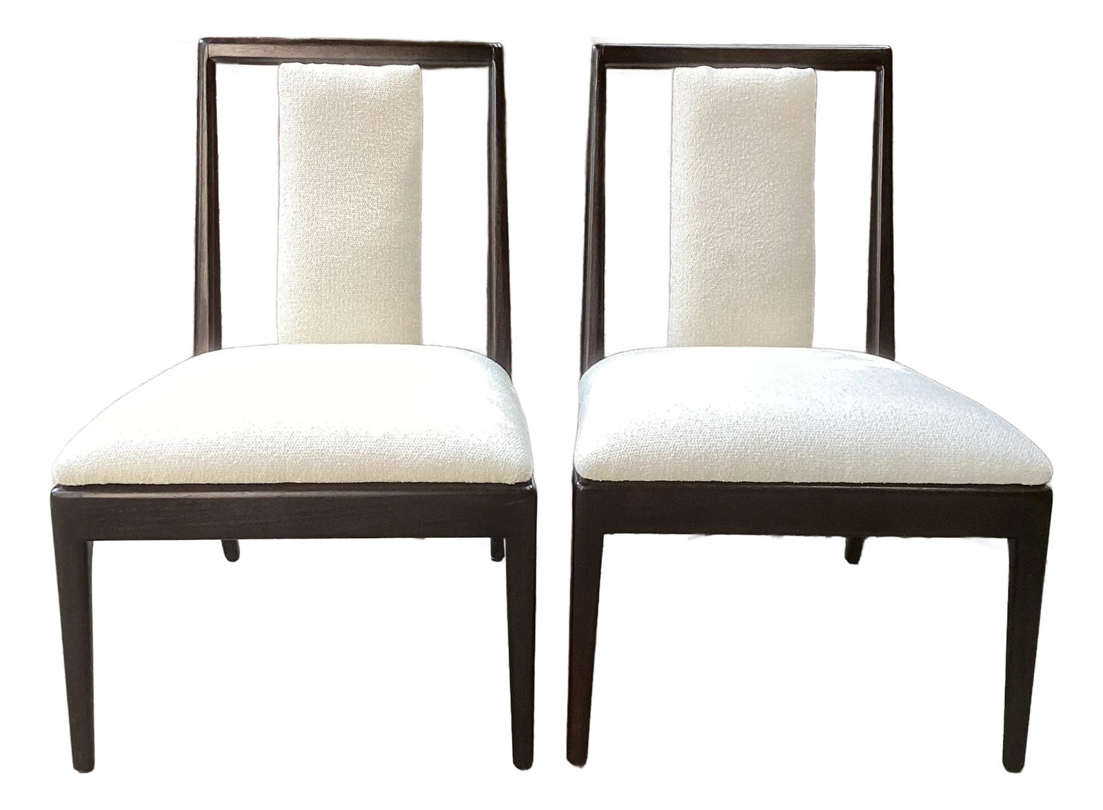 1950s Chic Tommi Parzinger Style Low Slung Slipper Chairs in New Boucle Upholstery - Set of 2: Effortlessly cool and endlessly versatile, this pair of low slung slipper chairs has been thoughtfully restored and reimagined. The frames have been fully refinished, and each chair is newly