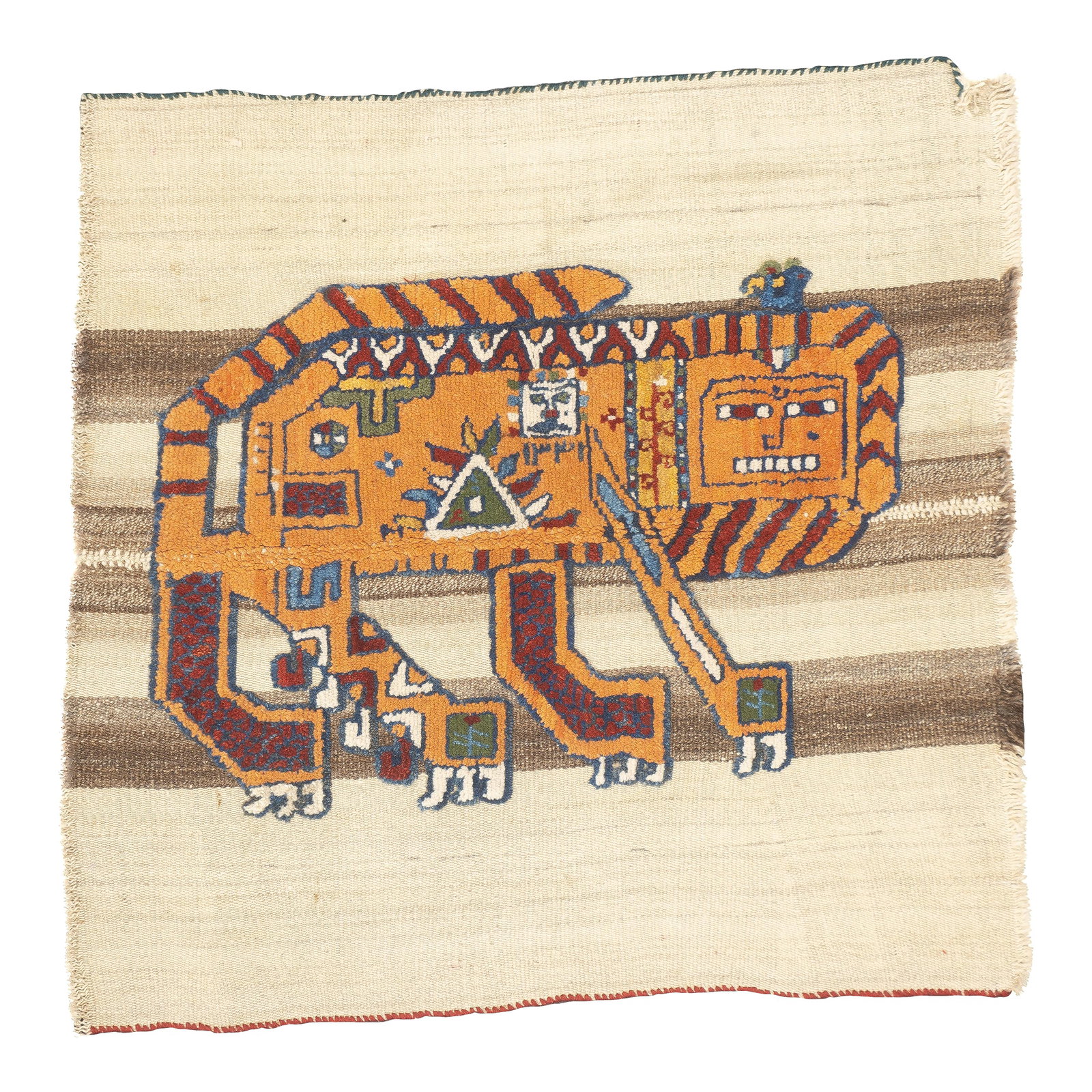 Antique Handwoven Gabbeh Palas Textile Art: This antique Gabbeh Palas rug, woven circa 1920, is a rare piece of Persian tribal art. It features a flat-woven wool base with a knotted pile animal motif, highlighting the craftsmanship of nomadic w