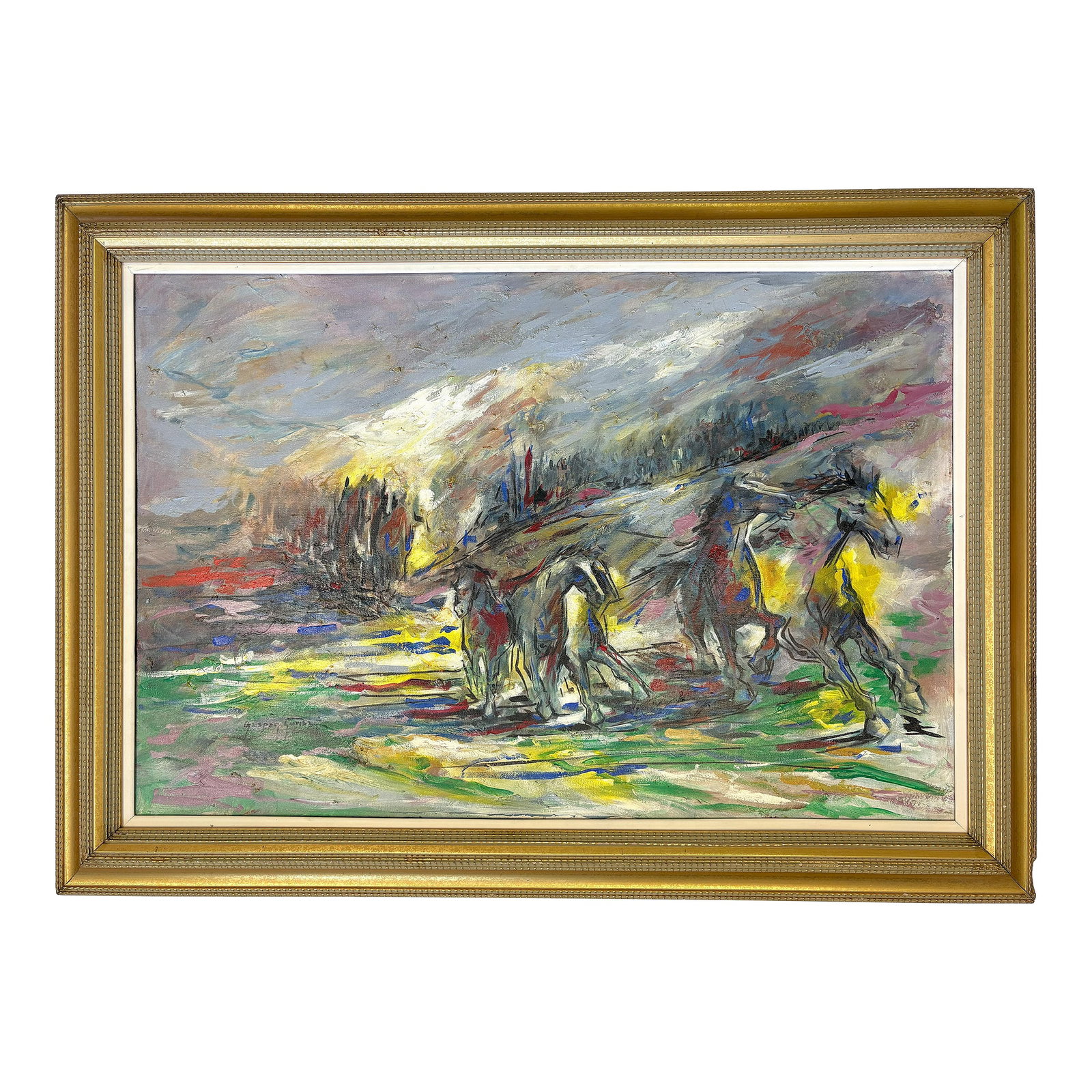 Original Signed and Framed Oil Painting on Canvas of 'Abstract Wild Horses': This piece is full of energy! It is an original signed and framed oil painting on canvas depicting 'Abstract Wild Horses' likely from the mid 20th century. It is completed in quick brushstrokes and