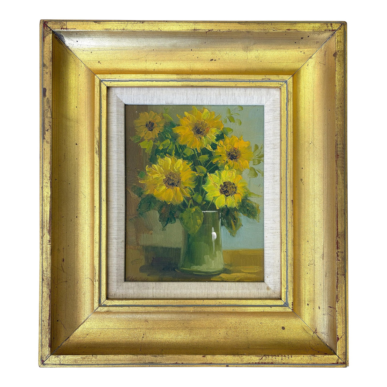 Original Signed and Framed Still Life Oil Painting on Canvas 'Sunflowers': Charming framed still life oil painting on canvas from the mid 20th century. The piece depicts pretty golden sunflowers arranged in a green vase. It's executed with expressive brushstrokes and thick