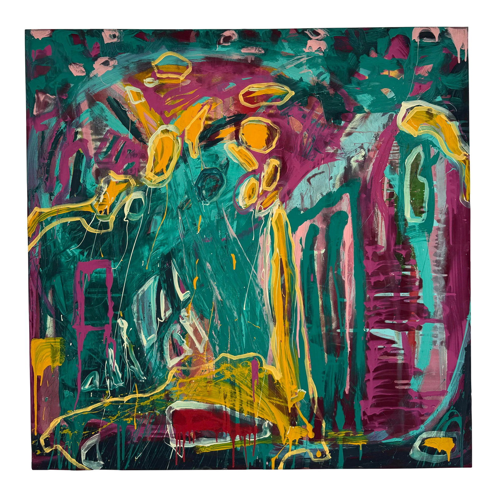 Original Modern Abstract 48" Square Painting on Textile: Here is a fantastic, modern abstract, original painting on fabric, stretched on a wood frame. The piece features a wonderful color combination of teals/aquas, plums and yellow. There are a few other