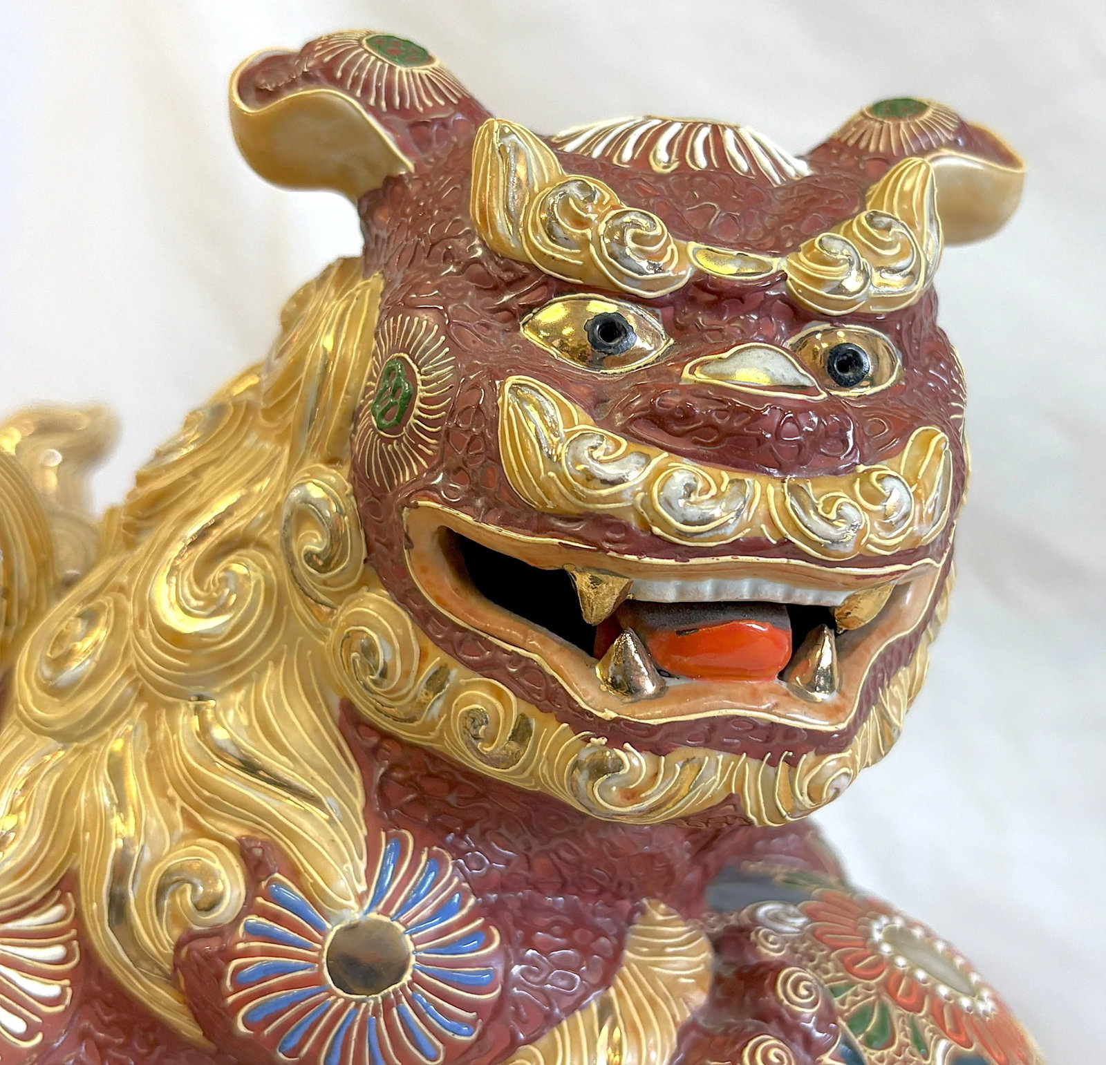 Vintage Japanese Pottery Kutani Foo Dogs in Cinnabar and Gold Colors- A Pair - 10