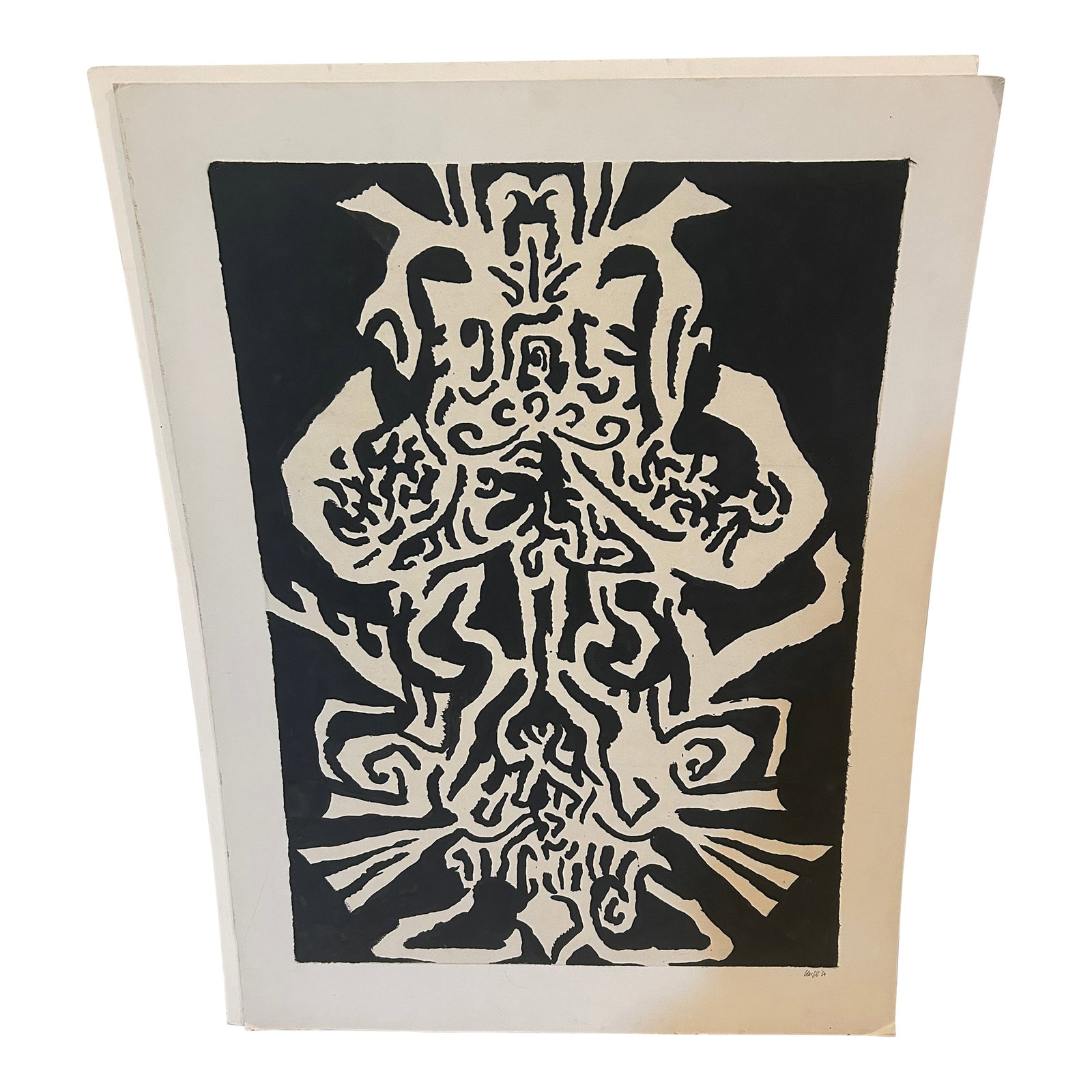 Black and White Painting on Paper by Thomas George: Powerful graphic black and white painting on paper (could be ink) by famous Princeton artist Thomas George. Reminiscent of an African woodcut with a little Matisse flourish, this is a superbly strong