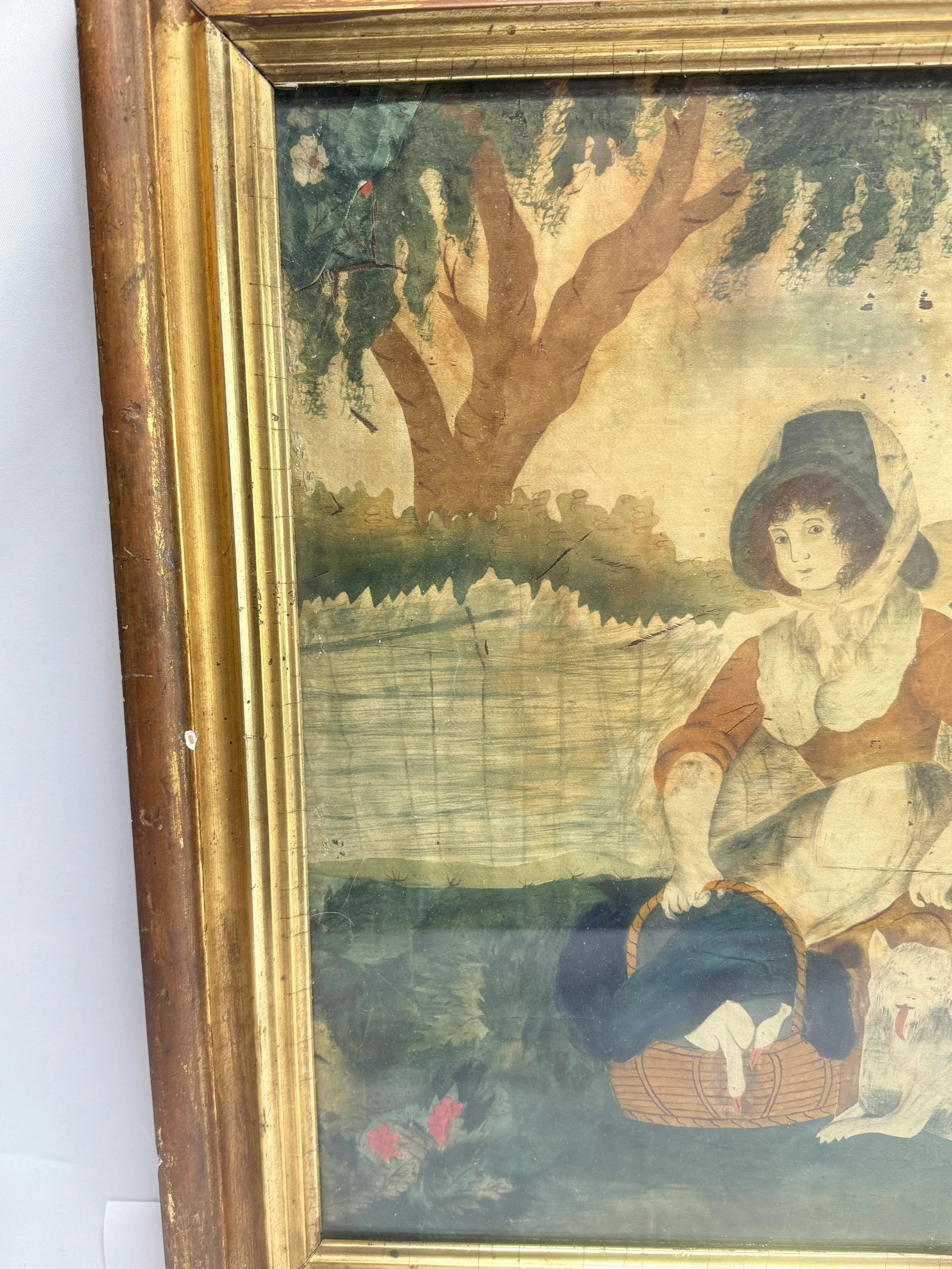 18th C, American School "Woman, Dog and Basket of Geese," Watercolor on Silk - 12