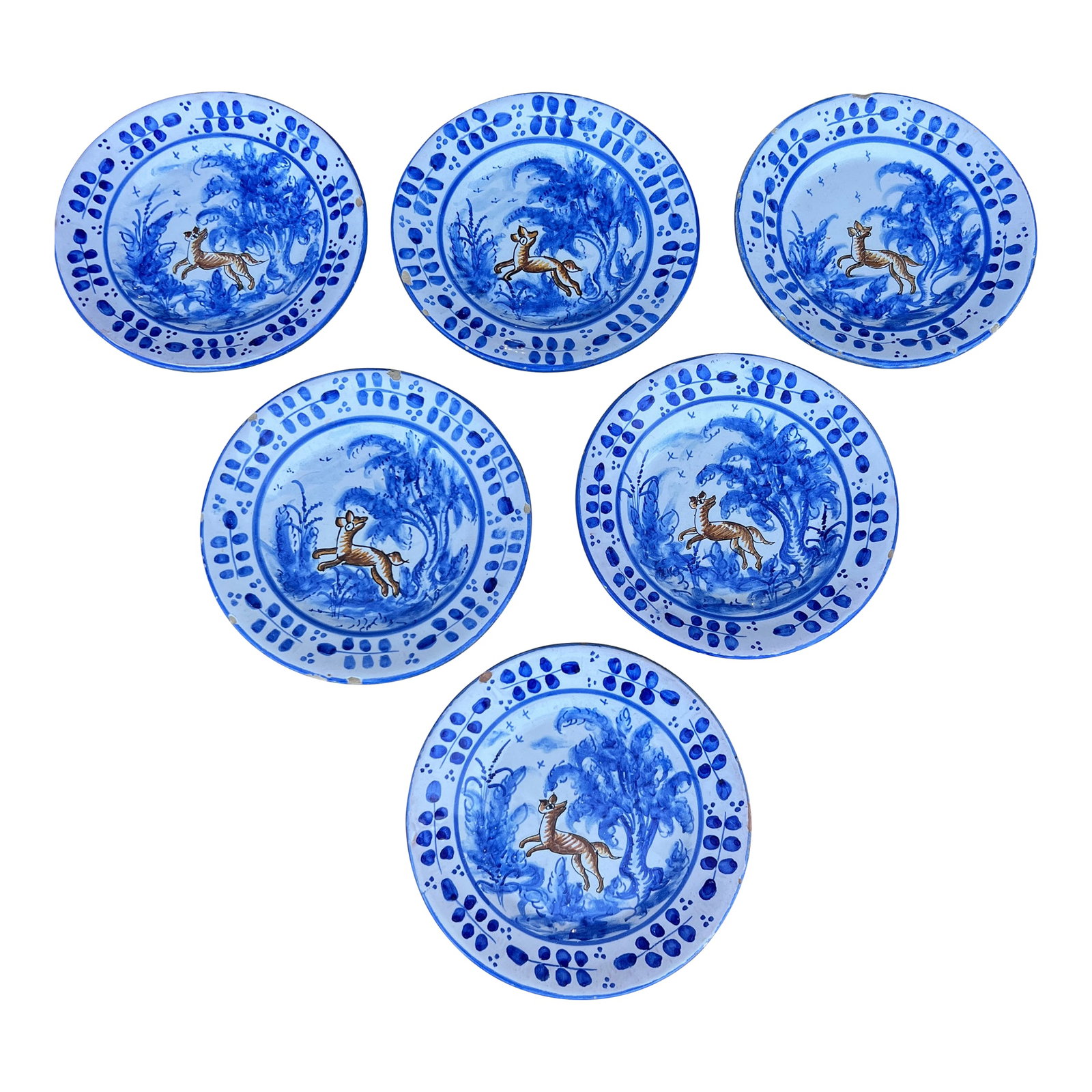 Circa 1970s Vintage EspaÃ±a Talavera Polychrome Decorated Plates- Set of 6: V-G EspaÃ±a Vintage Talavera Polychrome Decorated Plates, a Set of 6, Circa 1970's Probably made in Sevilla, AndalucÃ­a, EspaÃ±a Blue decorated earthenware clay body