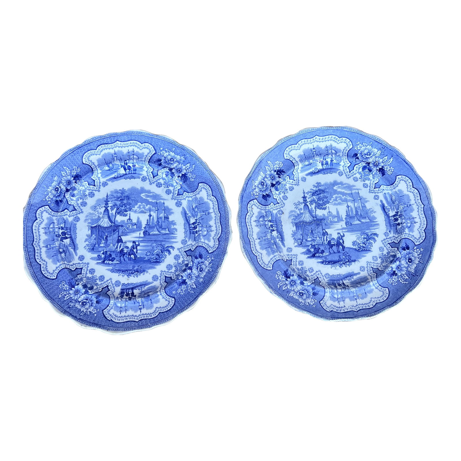 A Pair of Antique Staffordshire "Palestine" Light Blue Transfer Decorated Plates, 1830's (1 of 12)