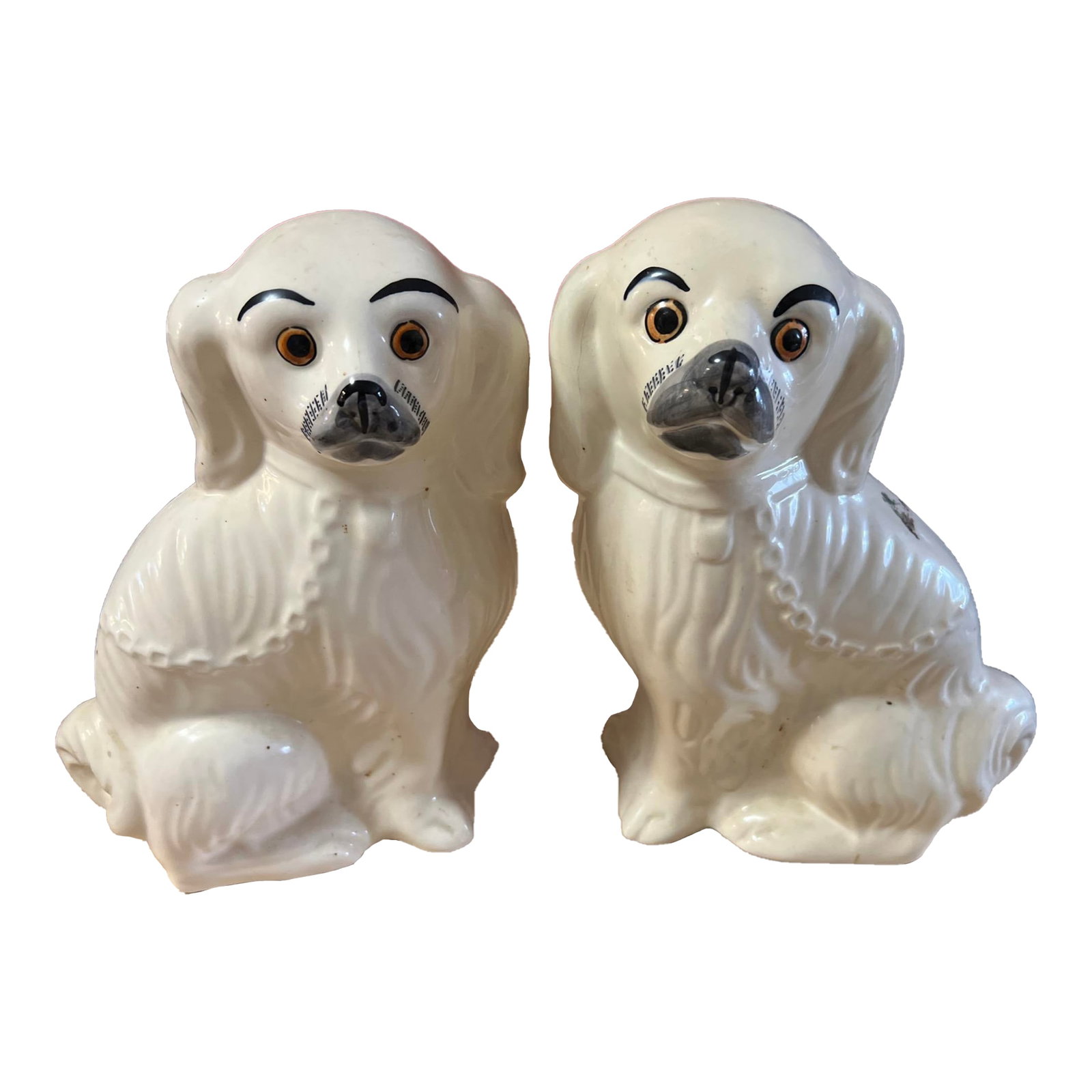 Pair of Vintage Decorated Staffordshire Dogs, Circa 1930's: A Fine Pair of Vintage Decorated Staffordshire dogs, circa 1930's Made in the Staffordshire district of Stoke on Trent, England, circa 1930's Colour: white, with black noses. Size: 11" tall, 8" across