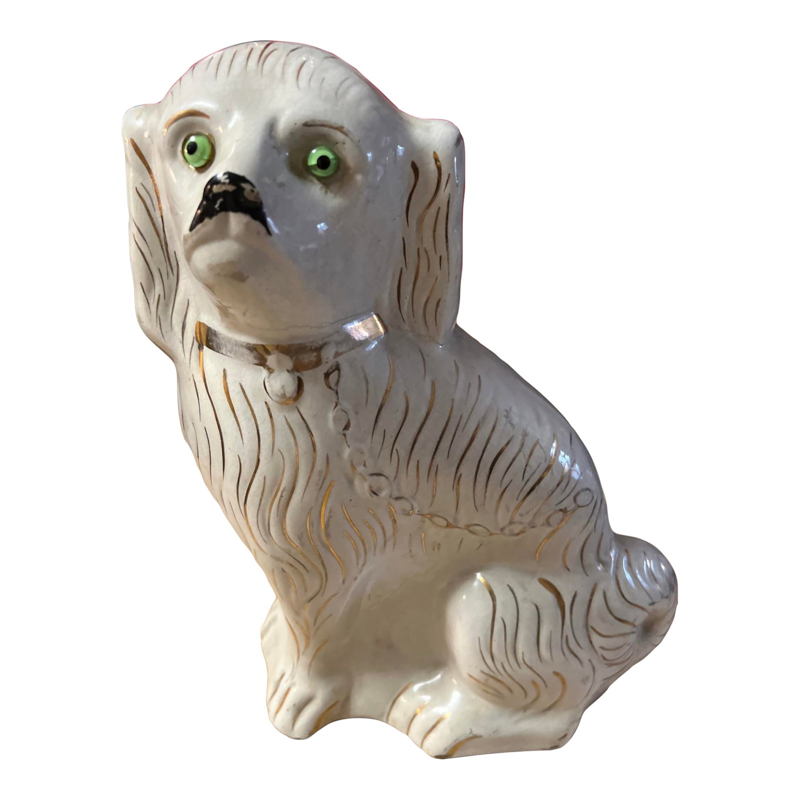 Antique Decorated Staffordshire Spaniel Dog, Circa 1860's: A Fine Antique Decorated Staffordshire dog, circa 1860's Made in the Staffordshire district of Stoke on Trent, England, circa 1860-1890 Colour: white with gold highlights Size: 9" across, 12 1/2"