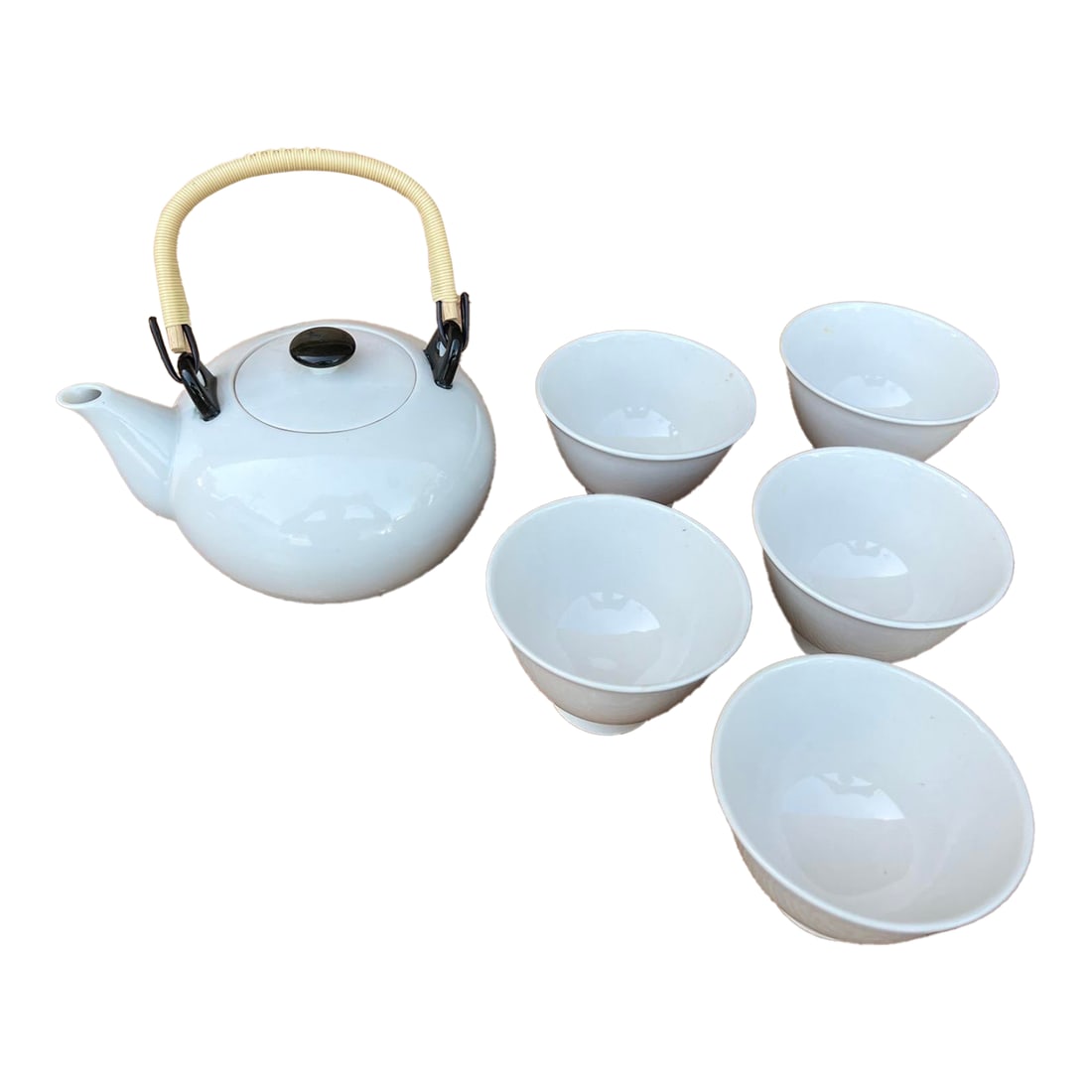 Vintage Japanese 6 Piece Ceremonial Tea Set, Arita Ware Pottery in Box, 1950's: Vintage Japanese 6 Piece Ceremonial Tea Set, Arita Ware Pottery in Box, 1950's Made in Japan, circa 1950's White glazed tea set, Teapot, 5 cups. Includes original compartmented box. Box measures: 12 1
