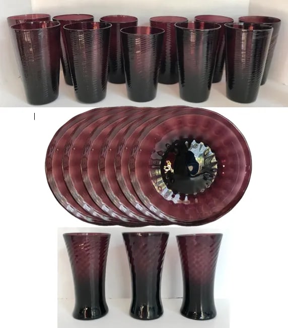 Vintage Avalos Mexican Hand-Blown Tumbler Glasses and Plates Set of 26 - 13