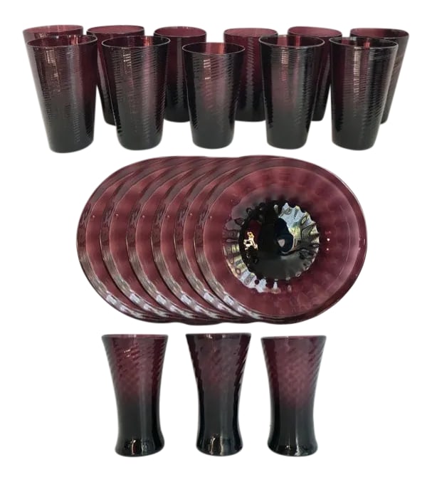Vintage Avalos Mexican Hand-Blown Tumbler Glasses and Plates Set of 26: This is a truly stunning and unique set of hand-blown glassware from Mexico that was made in the mid-century. The set is in an eggplant, augergine color with a swirl textural effect. You can see that