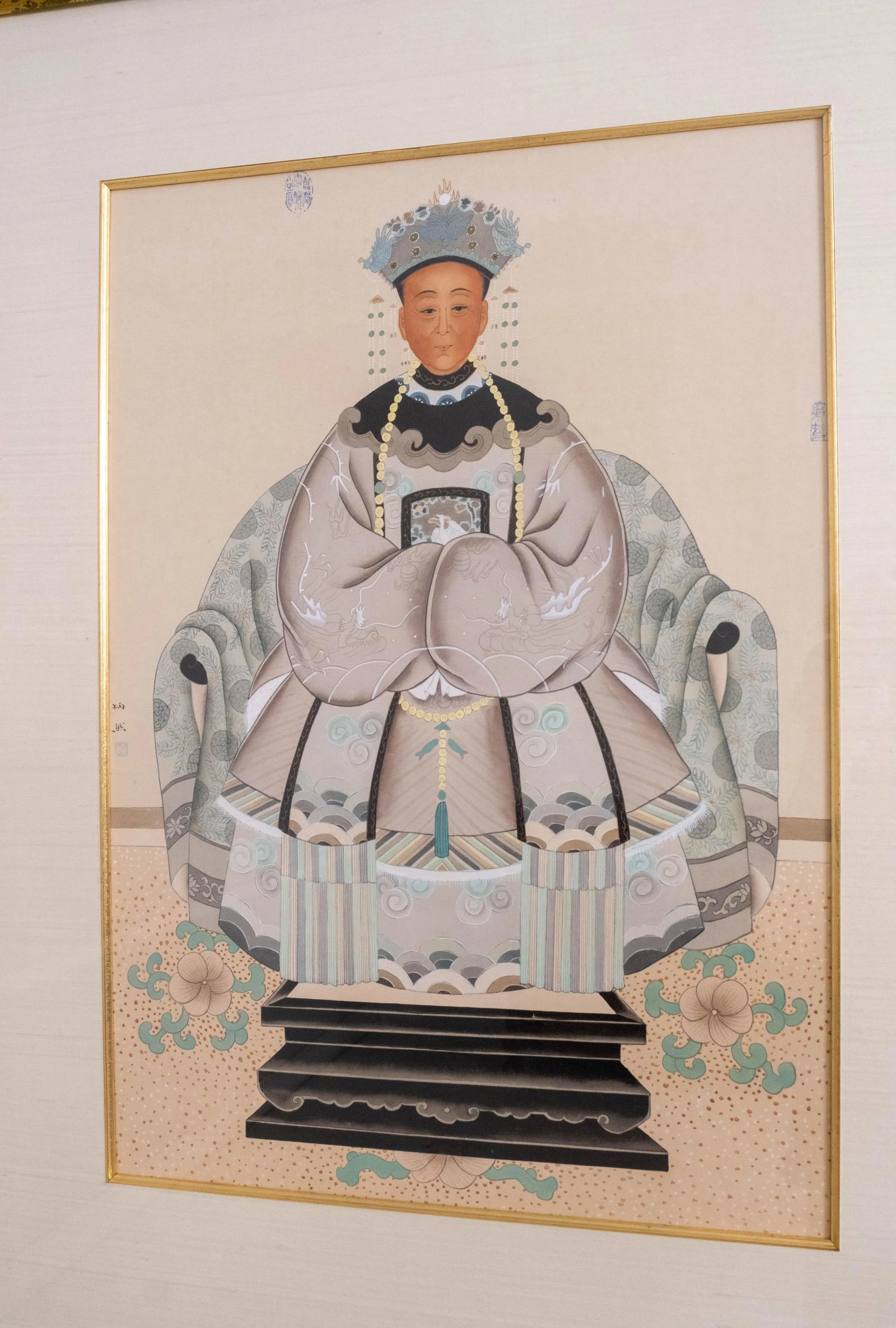 Pair Vintage Chinese Ancestral Painted on Silk Framed Portraits - 9