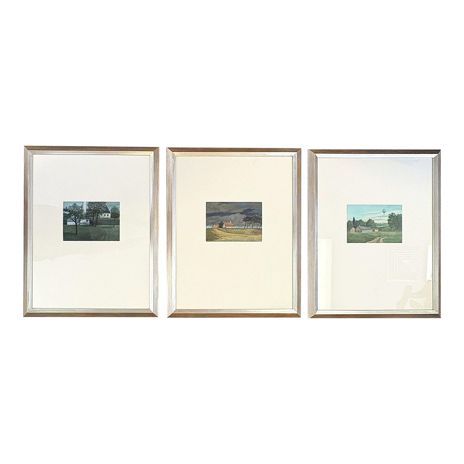 1980's-90's Original Signed and Framed Gisela Grundmann Weinert (German) Gouache Landscape Paintings: Delightful set of three original framed landscape paintings from the 1980's-90's. Each depicts a different rural landscape. One even has a hot air balloon in the sky! They are completed in the