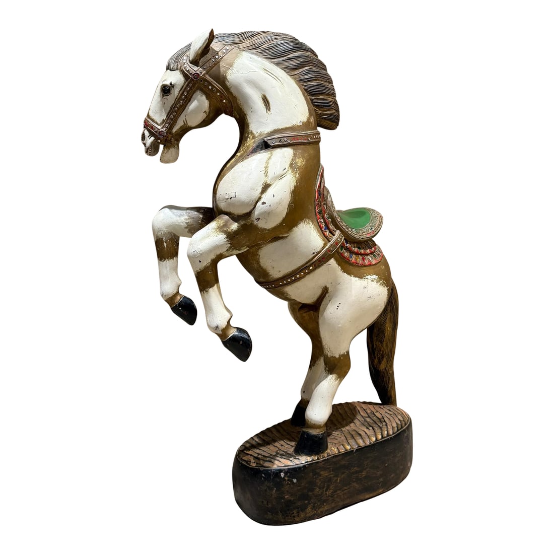 Antique Hand Carved Wood Polychrome Painted Horse Sculpture Statue: For your consideration, an antique hand carved wood horse sculpture -statue . Polychrome painted. Attributed to Gustave Bayol. Dimensions: 42" H x 9.5" W x 30" D Delivery within 200 miles from San
