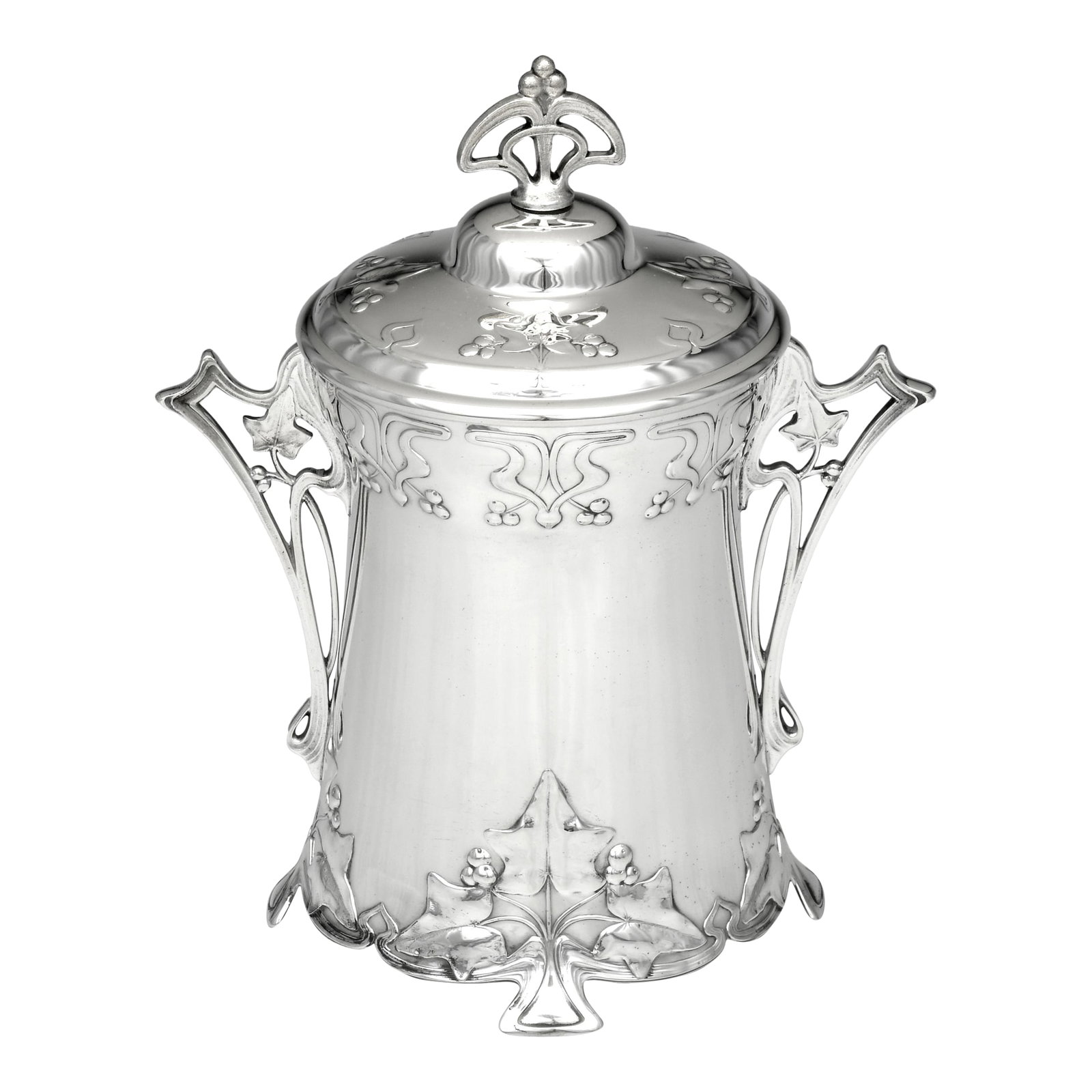 WMF Art Nouveau Silverplate Biscuit Barrel With Figural Maidens & Glass Liner, c.1900–1915: Elegant WMF (WÃ¼rttembergische Metallwarenfabrik) Art Nouveau silverplate biscuit barrel, circa 1900–1915. This Jugendstil lidded jar features flowing foliate motifs, twin stylized