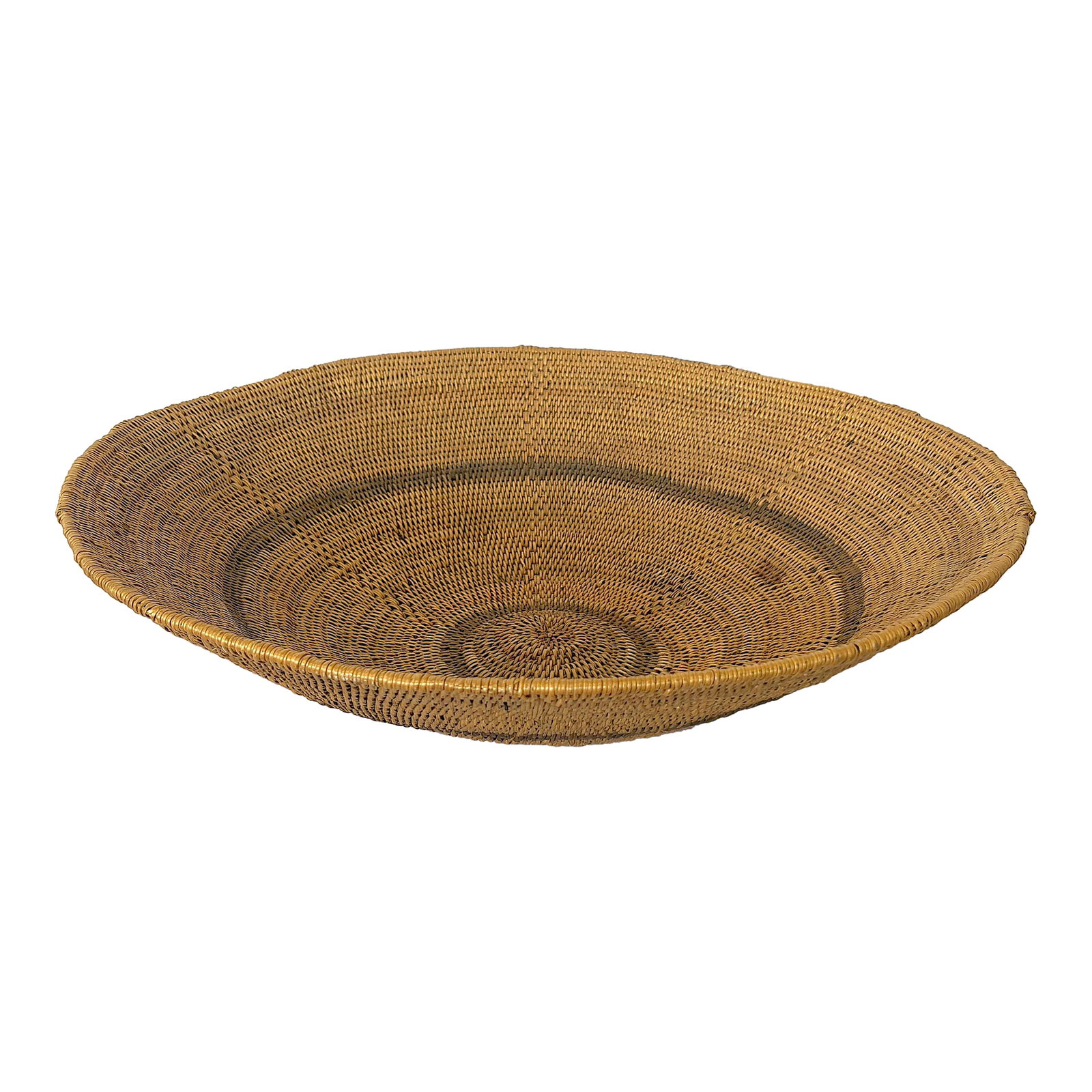 Vintage Native American Natural Fiber Woven Bowl/Basket From the Mid 20th Century: Rustic vintage Native American woven basket from the mid 20th century. The bowl is hand woven of natural fibers in a simple pattern and likely used for storage and gathering practices. The large piece