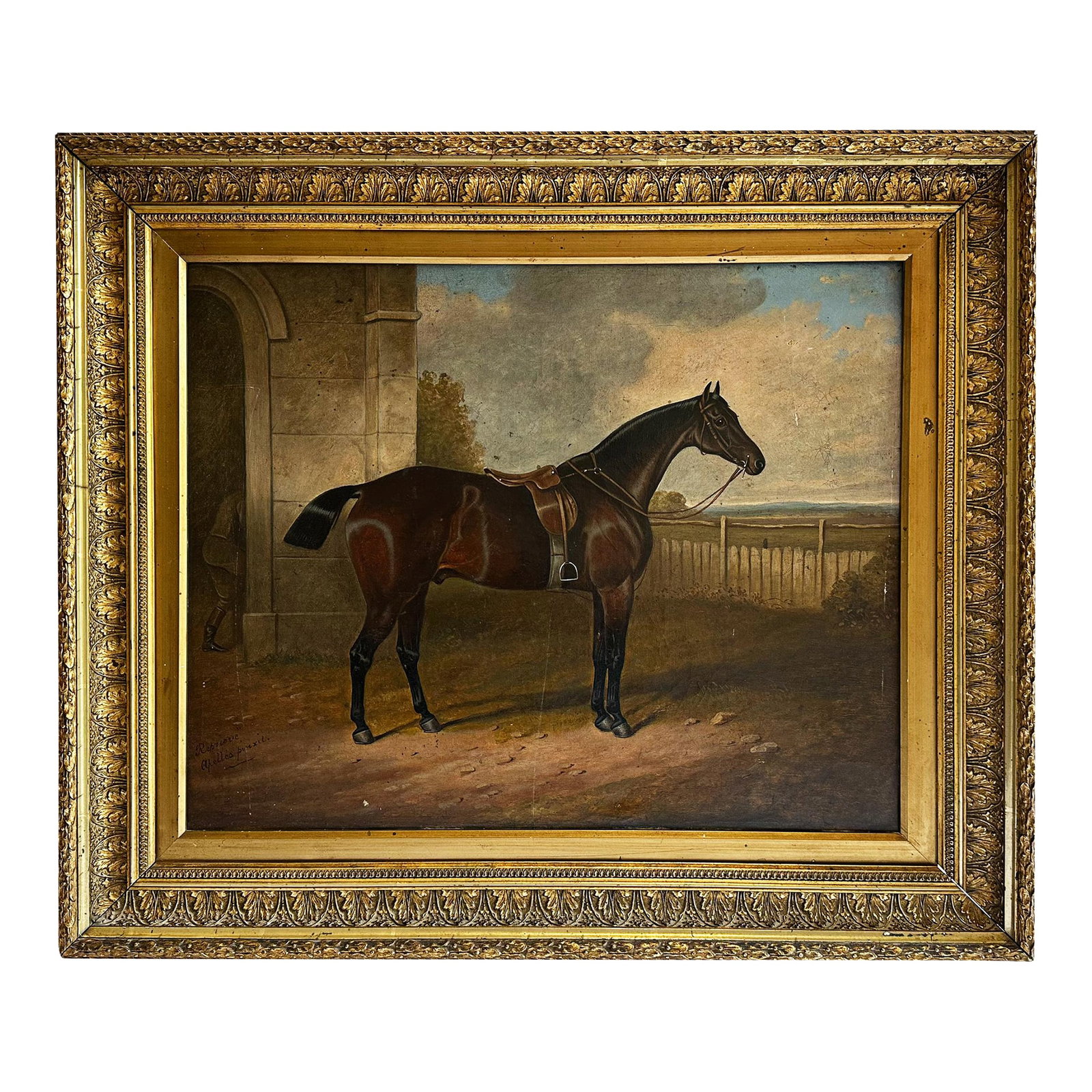 1800s Century "Reprieve" Antique Bay Hunter Horse Painting Oil on Canvas by Apelles: Here is a classic antique British sporting painting of a bay hunter horse in a paddock setting, circa mid- to late 1800s. This original oil on canvas painting is finished in a gilded wood frame. The