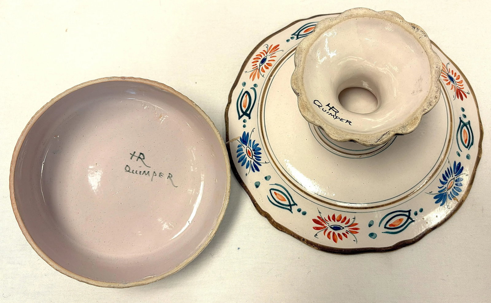 1940's French Provincial Henriot Quimper Pottery Lidded Pedestal Butter/ Cheese Dish - 6