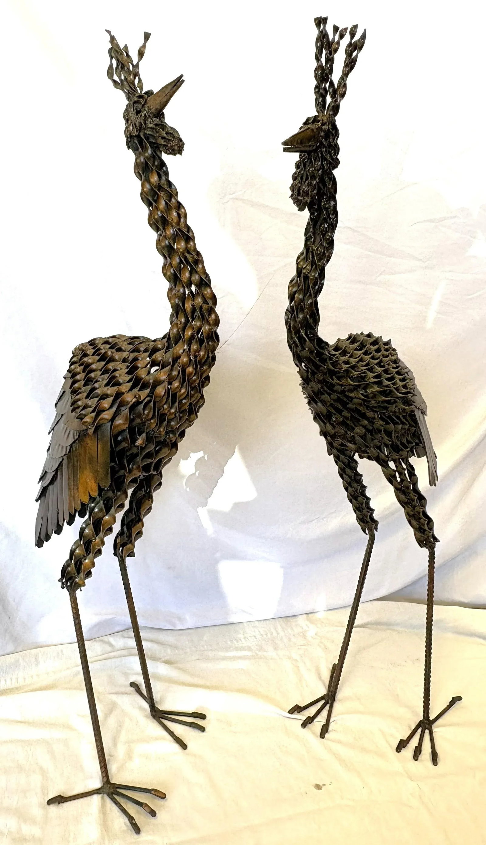 Vintage Artisan Crafted Recycled Metal Standing Crane Sculptures- A Pair - 10