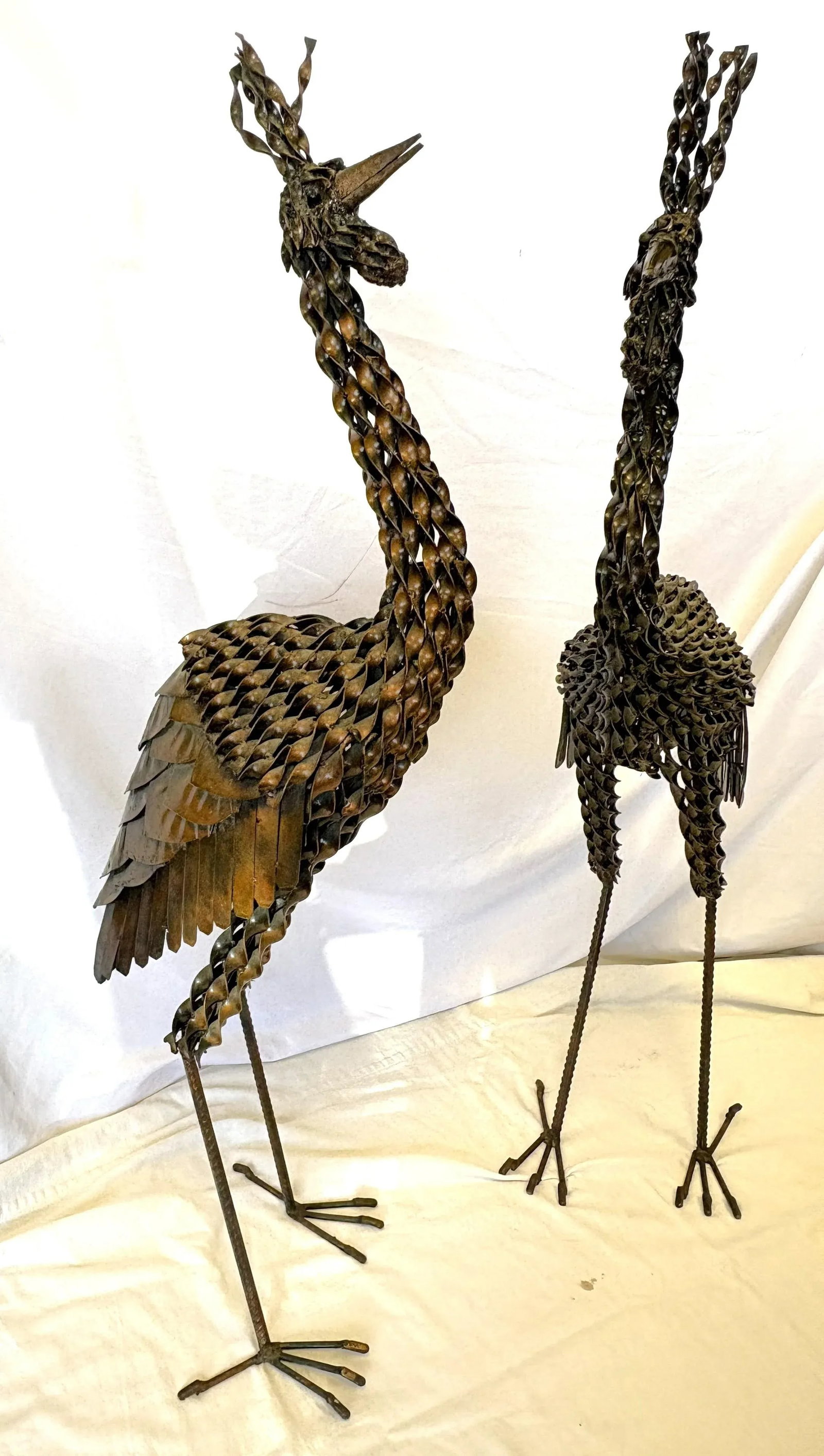 Vintage Artisan Crafted Recycled Metal Standing Crane Sculptures- A Pair - 11