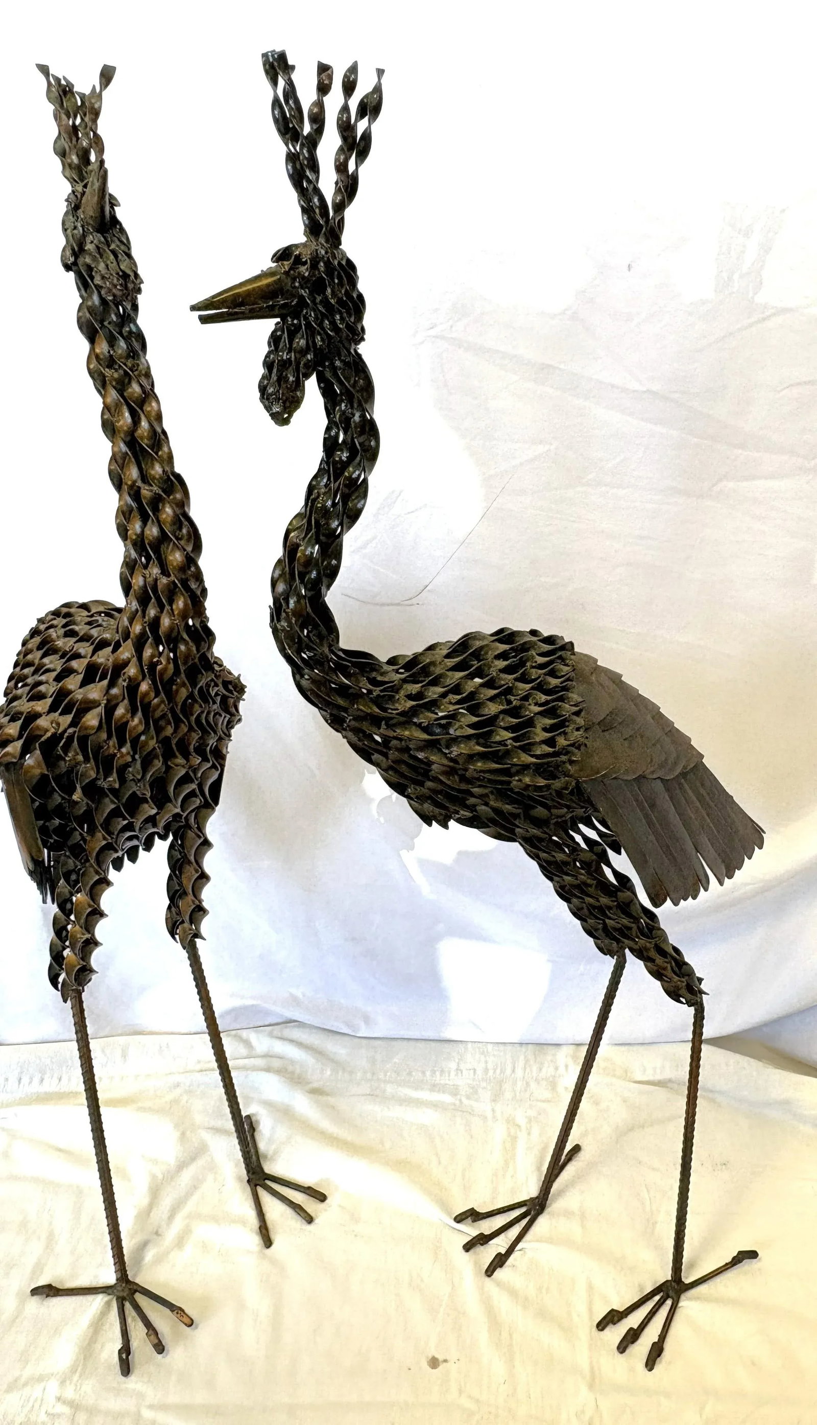 Vintage Artisan Crafted Recycled Metal Standing Crane Sculptures- A Pair - 12