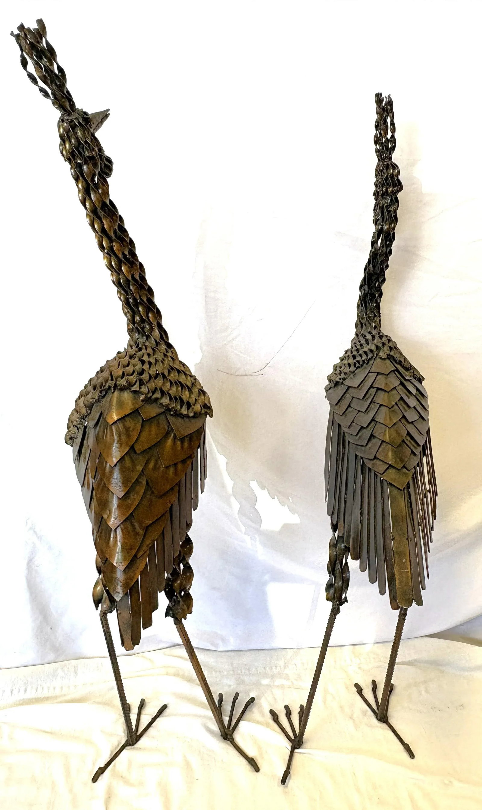 Vintage Artisan Crafted Recycled Metal Standing Crane Sculptures- A Pair - 14
