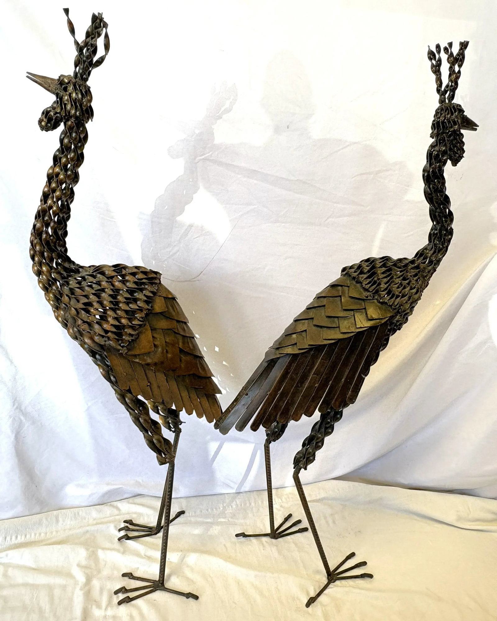 Vintage Artisan Crafted Recycled Metal Standing Crane Sculptures- A Pair - 17