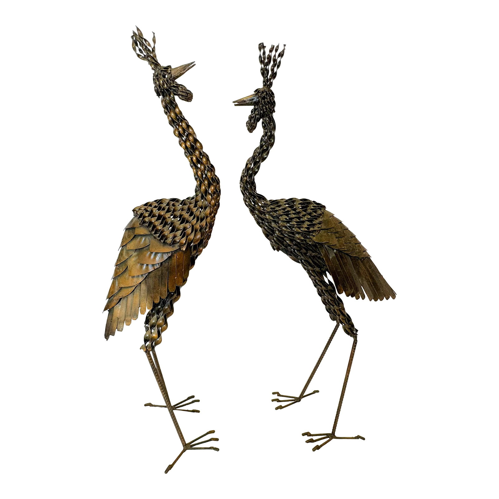 Vintage Artisan Crafted Recycled Metal Standing Crane Sculptures- A Pair (1 of 18)