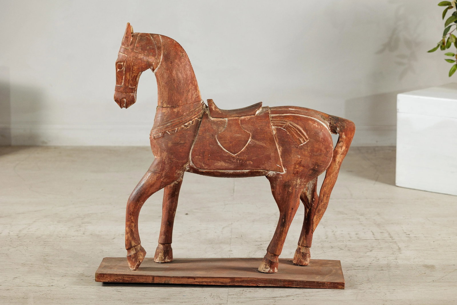 Circa 1950 Rustic Vintage Carved Wood Horse with Saddle on Stand - 5