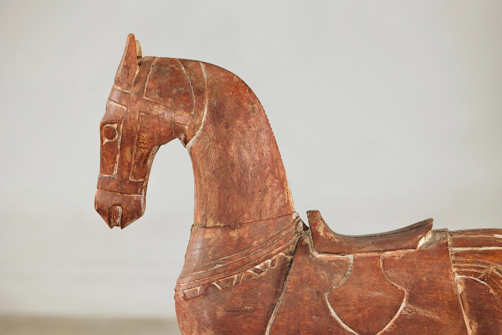 Circa 1950 Rustic Vintage Carved Wood Horse with Saddle on Stand - 7