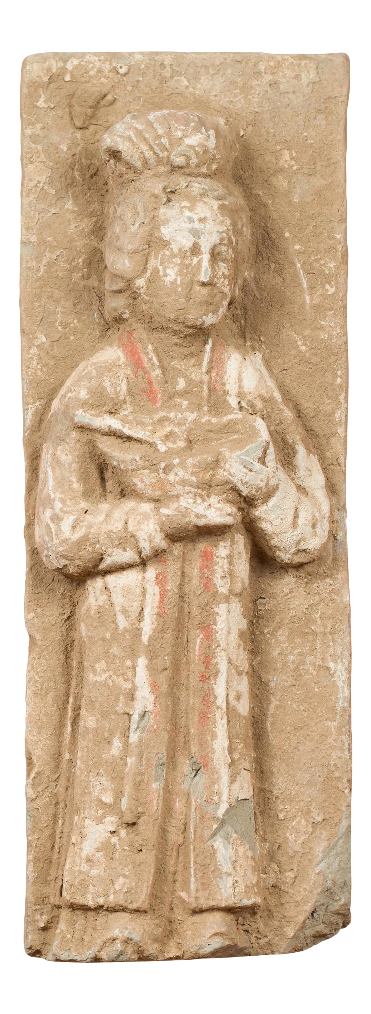 Chinese Han Dynasty Period Wall Plaque Depicting a Woman Carrying a Dish: A Chinese Han Dynasty wall plaque depicting a woman carrying a dish, circa 202 BC-200 AD. Created in China during the prestigious Han Dynasty, this wall plaque attracts our attention with its