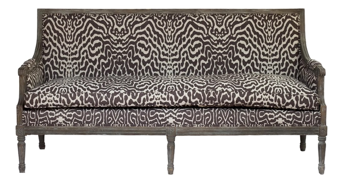 Vintage Restoration Hardware Sette, Newly Reupholstered: A Beautiful & Classic Vintage Restoration Hardware Sette; Auguste Salon Bench. Newly Reupholstered in Animal Print. The Cushion is down Filled. Inspired by classic 18th-century Louis XV and Louis XVI 