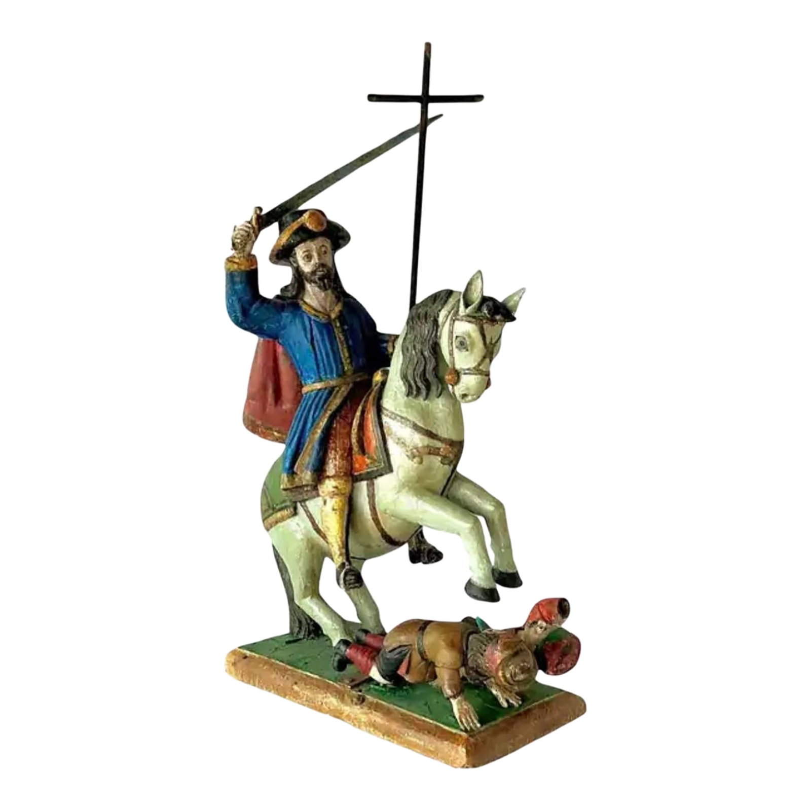 Spanish Polychrome Wood Figural Sculpture of Santiago Matamoros: Large Spanish or Colonial Polychrome Painted Wood Figural Sculpture of Santiago Matamoros or Saint James the Moor-Slayer. This sculpture is one of Spain's most venerated and symbolic figures. Represen