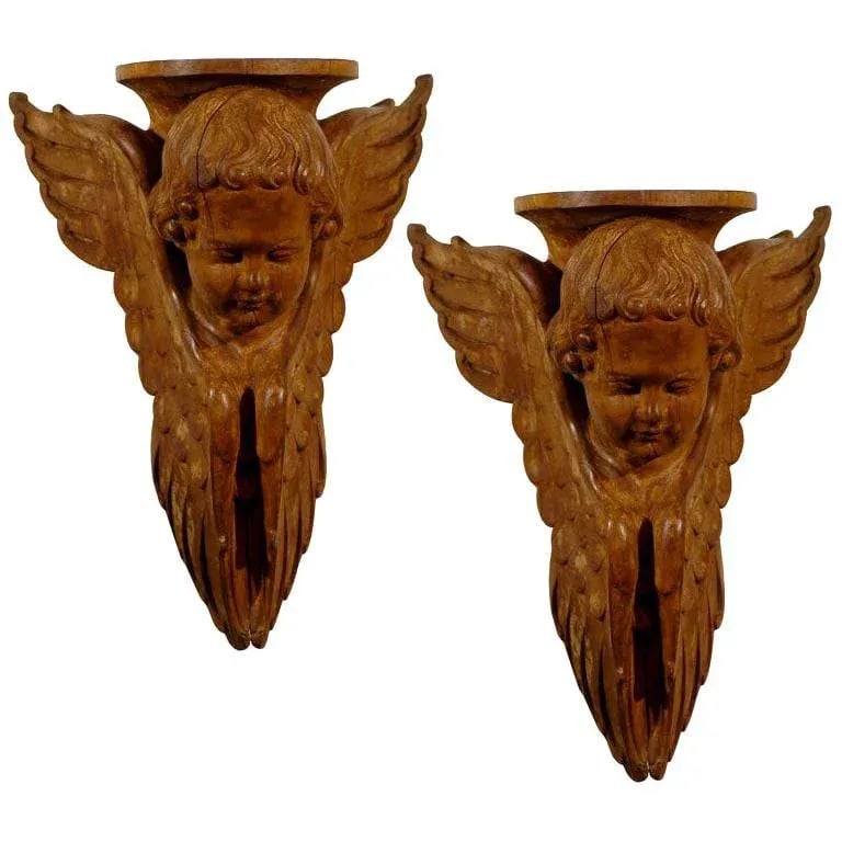 French 19th Century Wooden Wall Brackets with Carved Cherubs - A Pair - 10