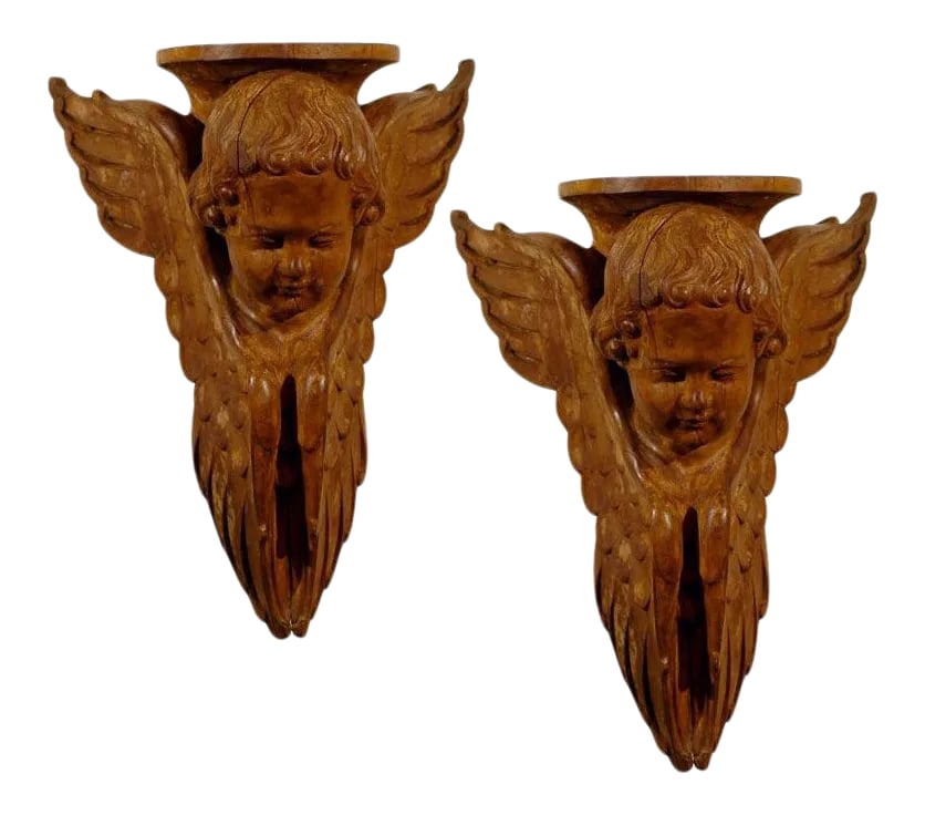 French 19th Century Wooden Wall Brackets with Carved Cherubs - A Pair (1 of 10)