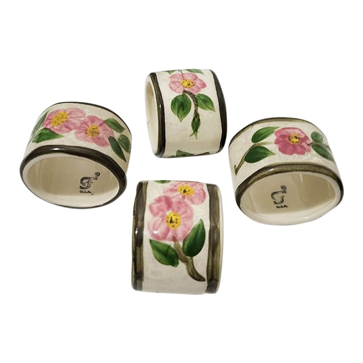 1960s Franciscan Desert Rose Napkin Rings - Set of 4: Set of 4 Franciscan Desert Rose pattern napkin rings Discontinued Width: 1 5/8 in Height: 1 5/8 in Condition: Alterations: Original Condition Unaltered Imperfections: Some Imperfections Condition