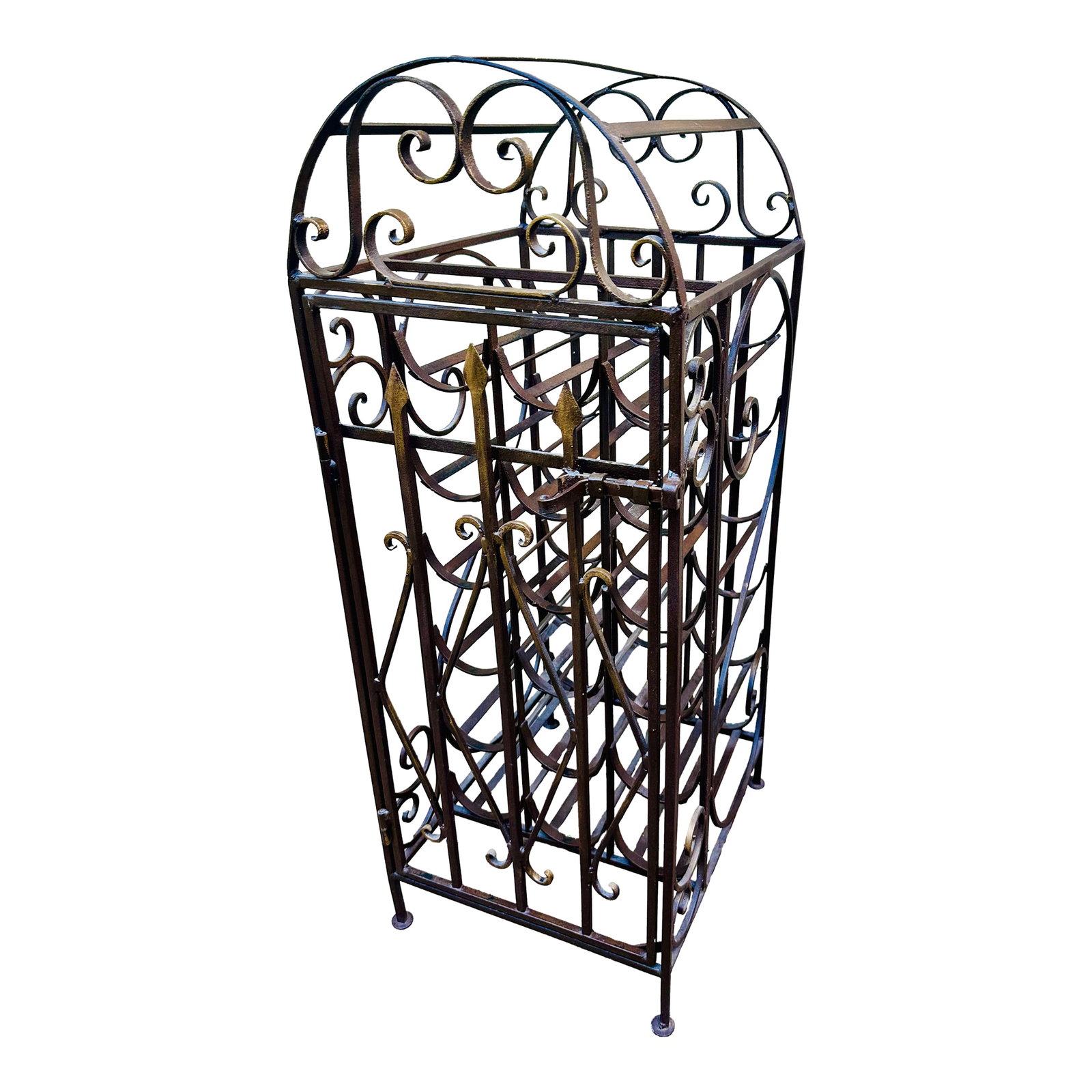 Spanish Revival Vintage Wrought Iron"Cage Shape"Wine Rack: Spanish Revival vintage Wrought Iron"Cage Shape"Wine Rack with 18 bottles of capacity. It has beautiful design typical Spanish medieval . It has latch and very heavy. Condition: Alterations: Original 